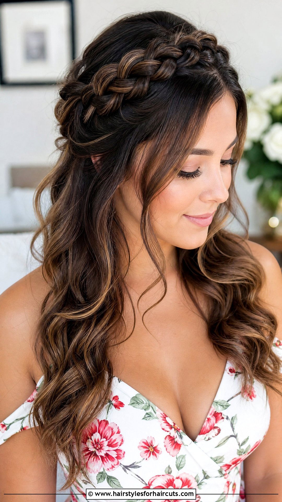 Crown Braid Loose Curls - 25 long hair pakistani party hairstyles - 25 long hair pakistani party hairstyles
