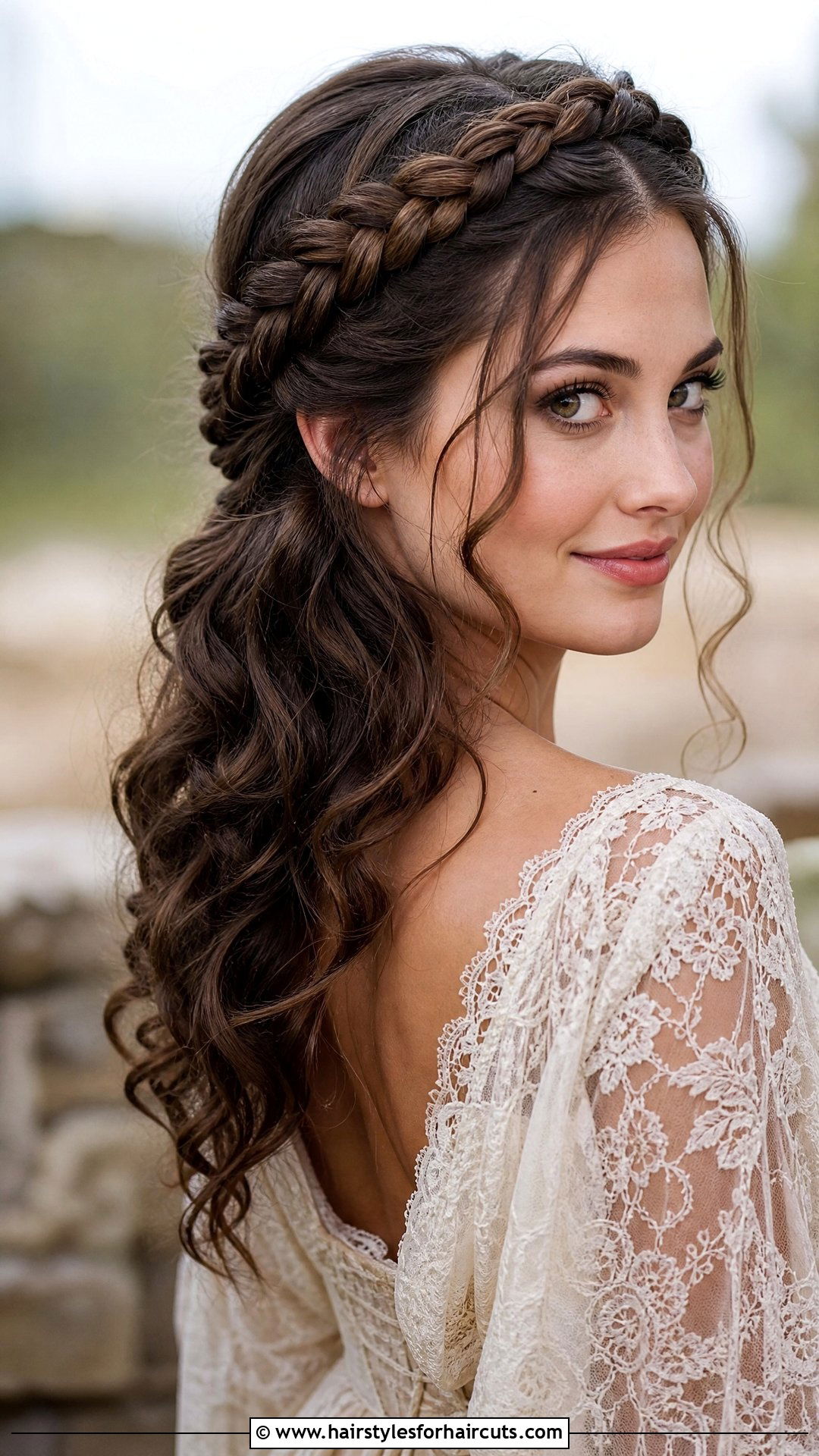 Crown Braid With Loose Curls - 25 wedding hairstyles for shoulder length curly hair - 25 wedding hairstyles for shoulder length curly hair
