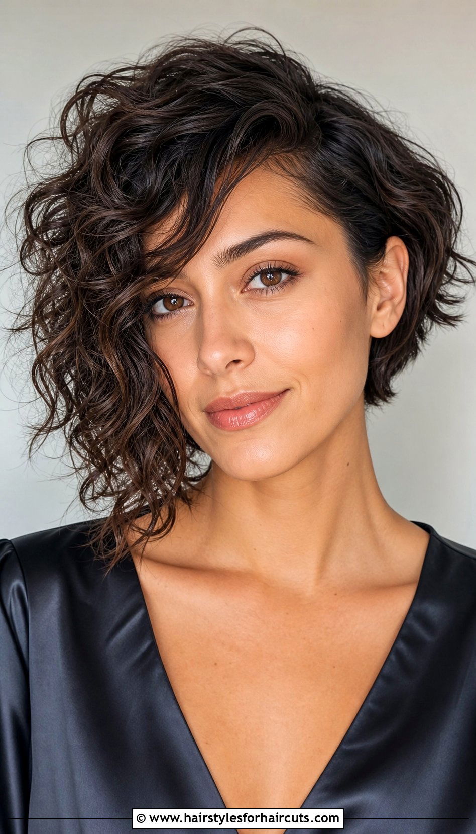 Curly Asymmetrical Bob With Side Swept Bangs - 25 curly haircuts bangs - 25 curly haircuts bangs