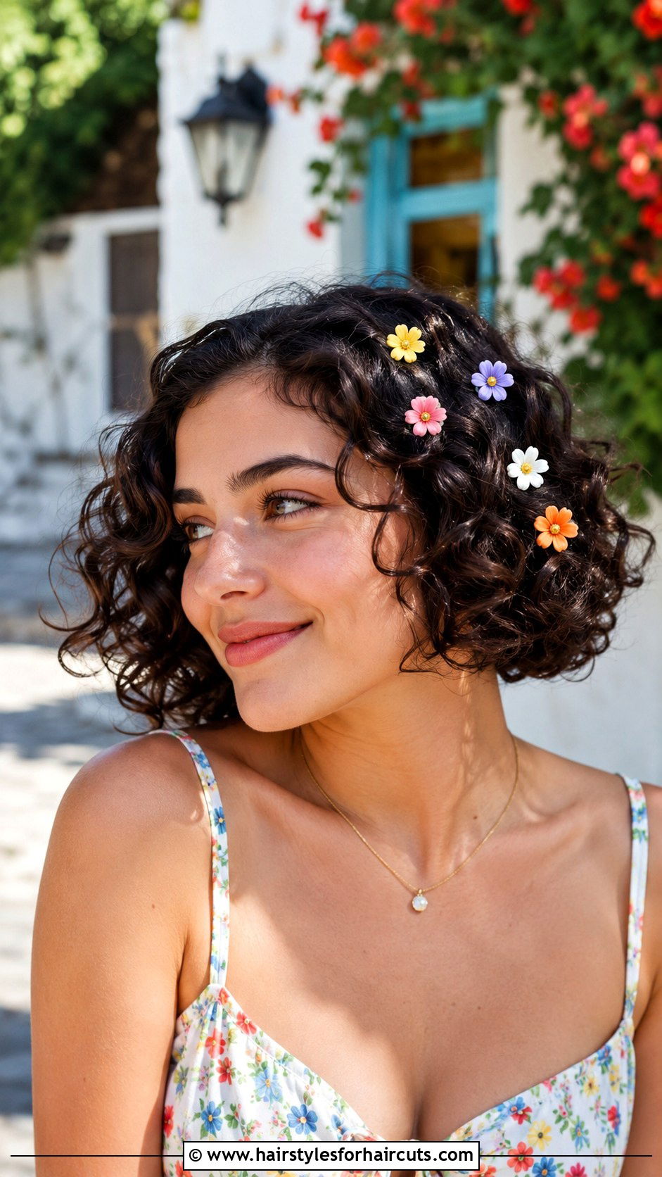 Curly Bob With Flower Clips - 25 festival hairstyles for curly hair - 25 festival hairstyles for curly hair