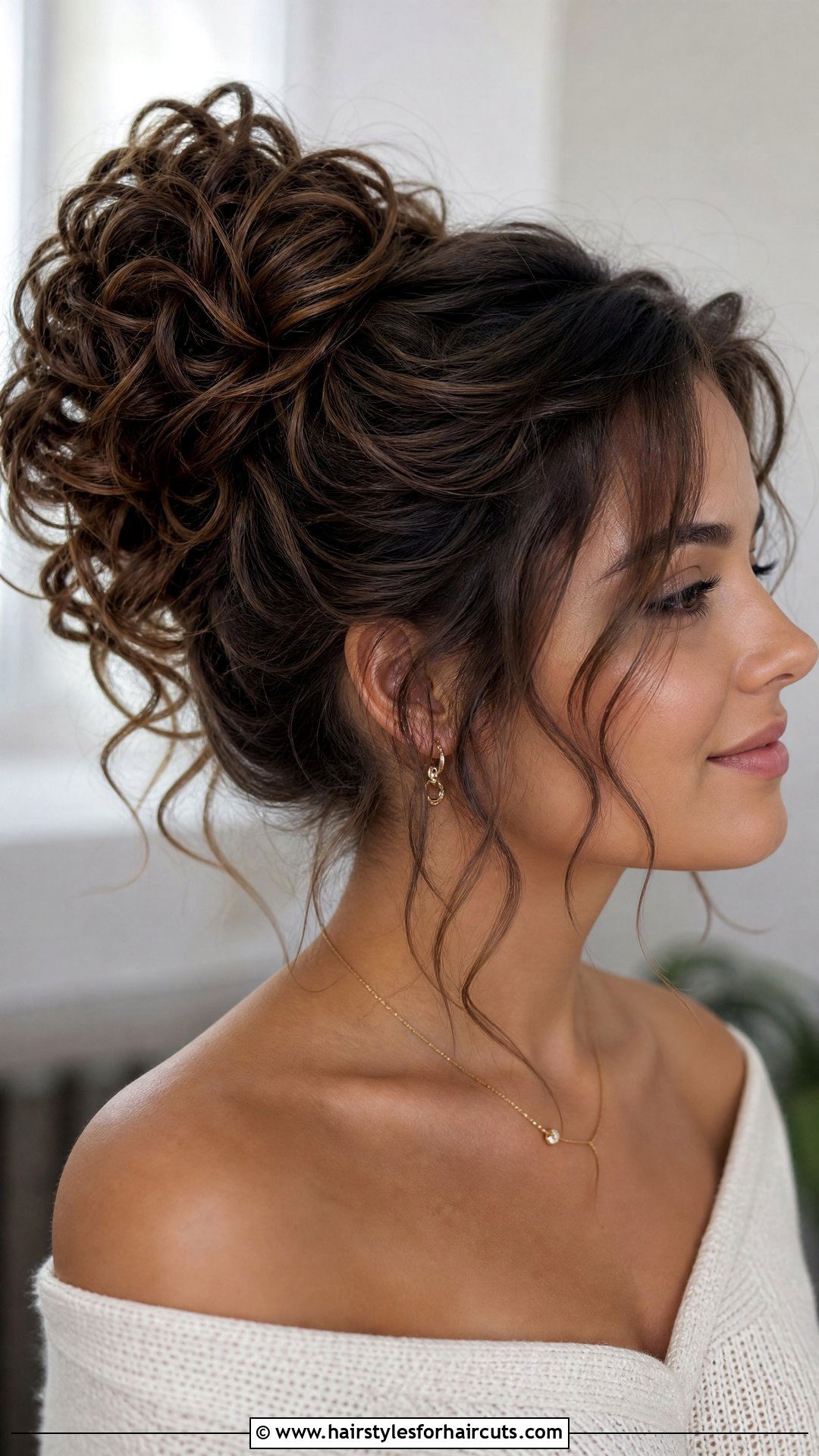 Curly Bun With Face Framing Tendrils - 25 quinceanera hairstyles for curly hair - 25 quinceanera hairstyles for curly hair