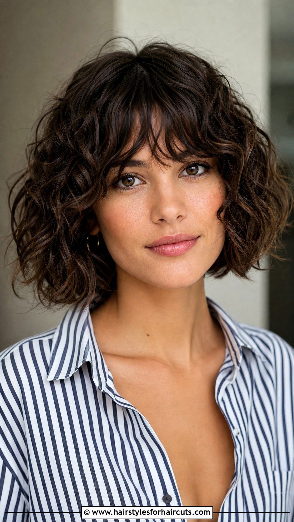 Curly French Bob With Eyelash Bangs - 25 curly haircuts bangs - 25 curly haircuts bangs