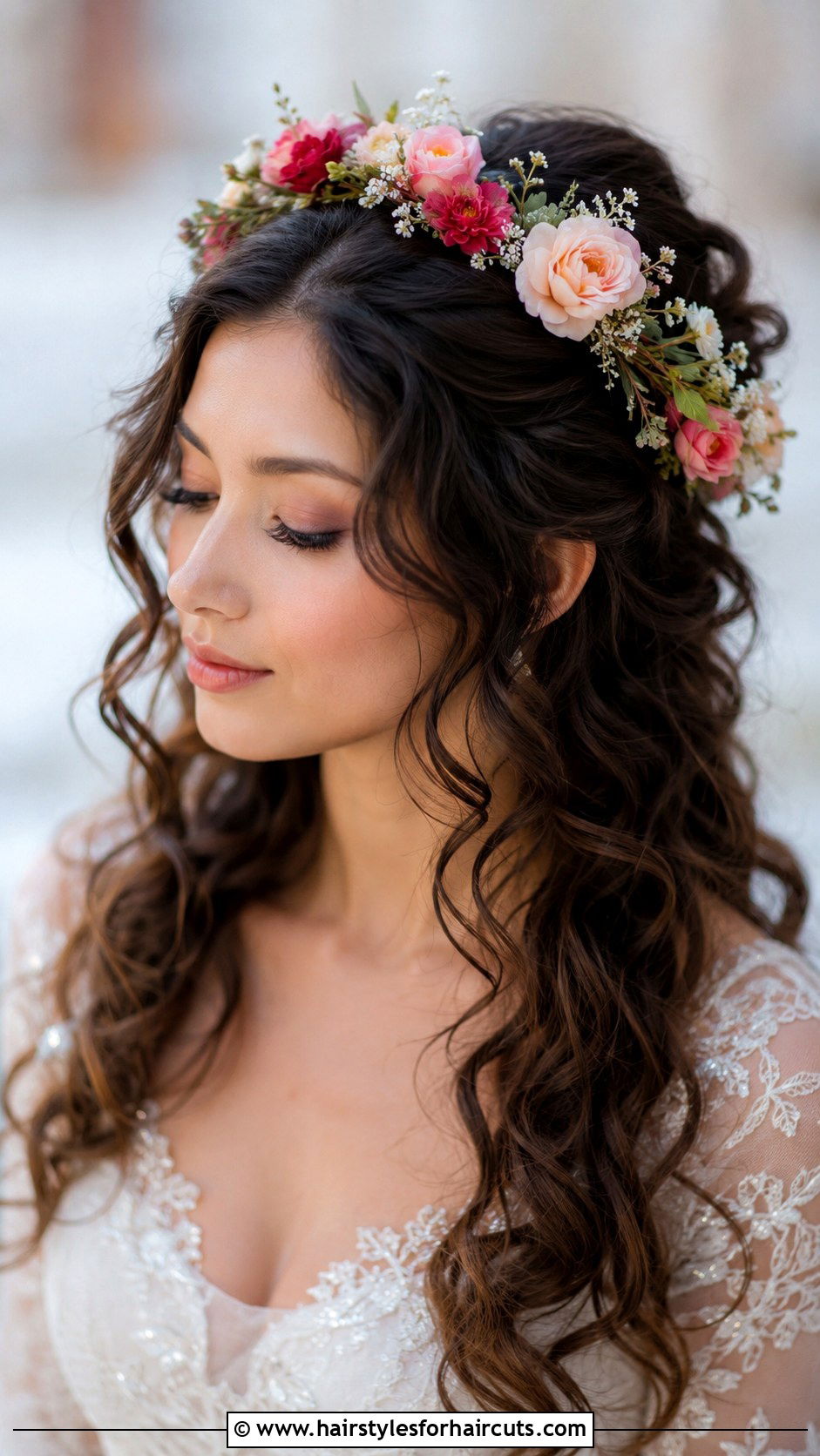 Curly Half Updo With Floral Crown - 25 quinceanera hairstyles for long hair - 25 quinceanera hairstyles for long hair
