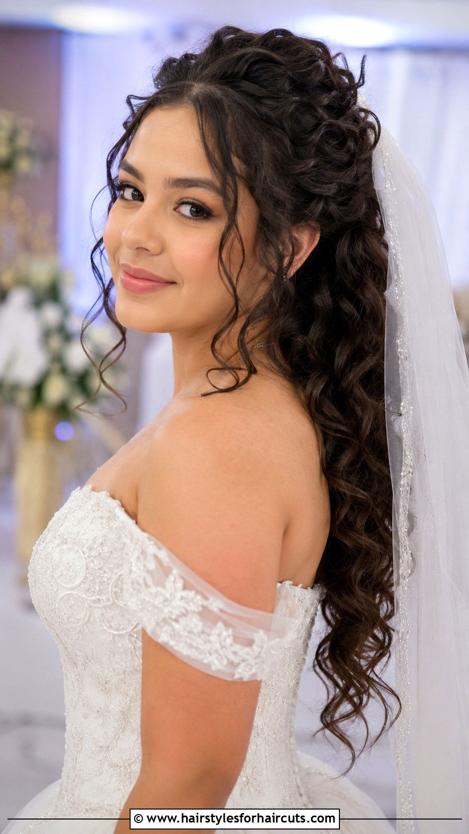 Curly Half Updo With Veil - 25 quince hairstyles for long hair - 25 quince hairstyles for long hair
