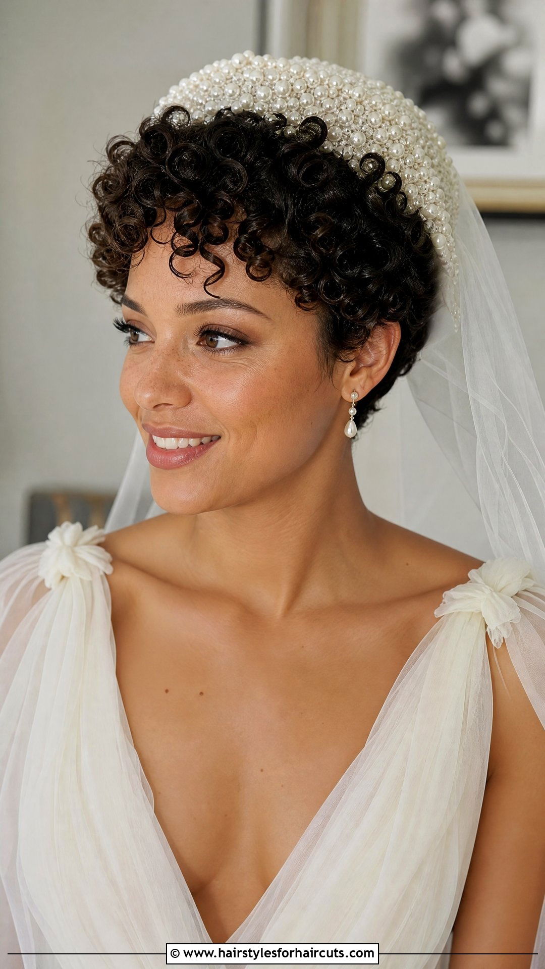 Curly Pixie Cut With Juliet Cap Veil - 25 wedding hairstyles for short hair with veil - 25 wedding hairstyles for short hair with veil