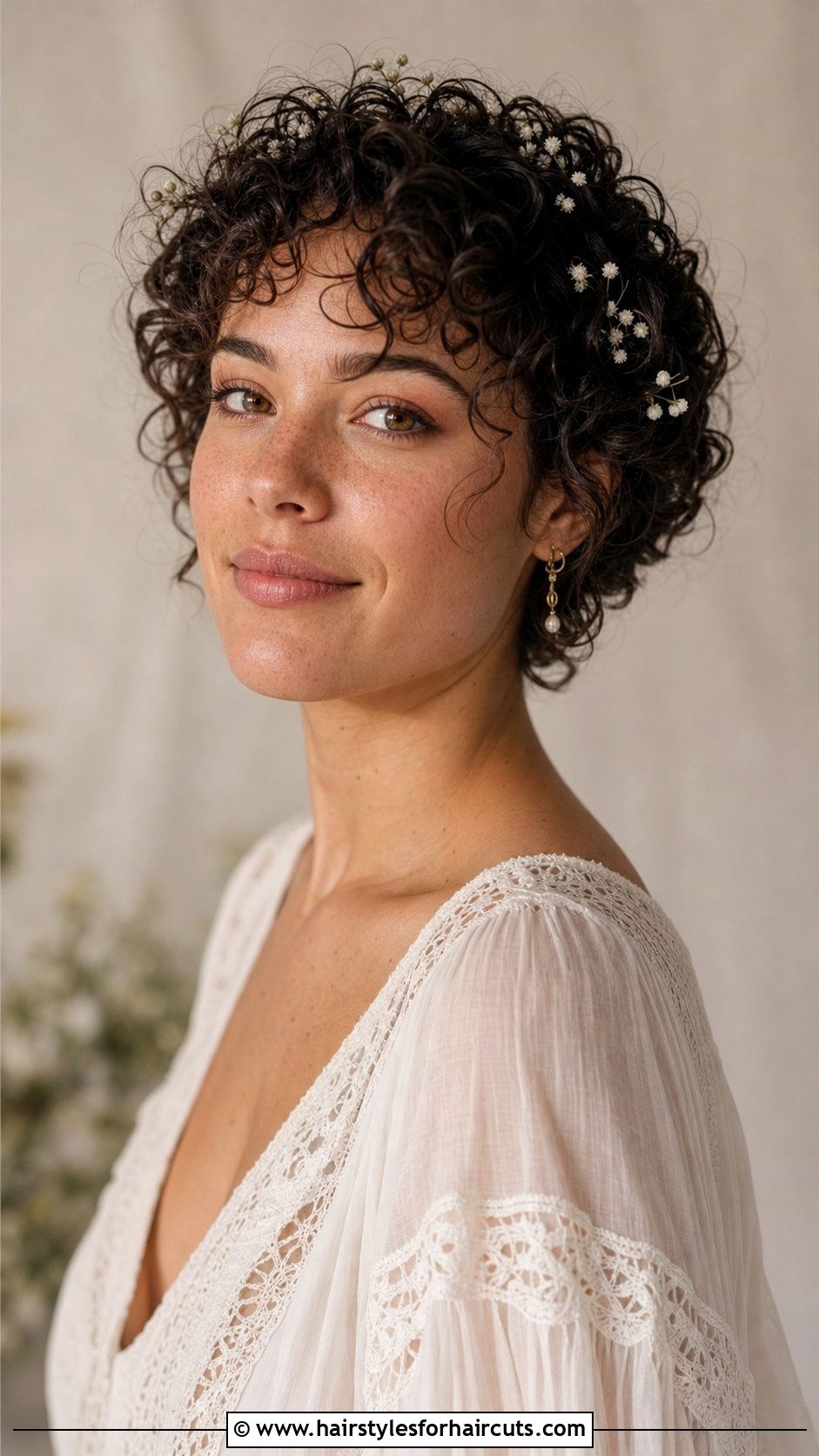 Curly Pixie With Floral Pins - 25 wedding hairstyles for really short hair - 25 wedding hairstyles for really short hair