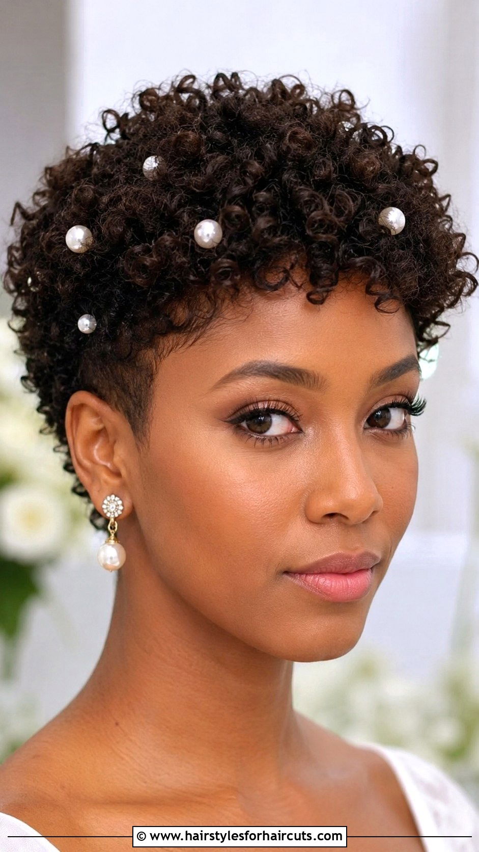 Curly Pixie With Pearl Accessories - 25 wedding hairstyles for short length hair - 25 wedding hairstyles for short length hair