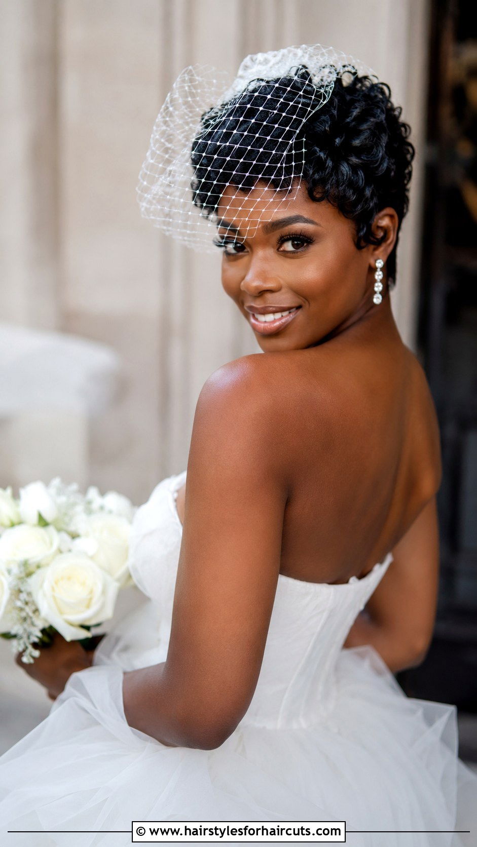Curly Pixie With Veil - 25 black hair bridal hairstyles - 25 black hair bridal hairstyles