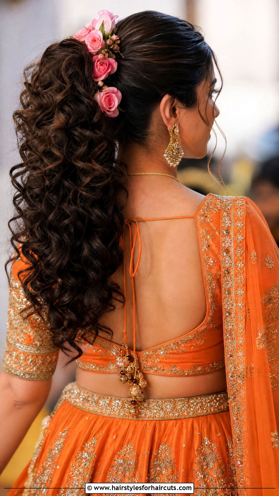 Curly Ponytail With Flowers - 25 mehndi hairstyles - 25 mehndi hairstyles