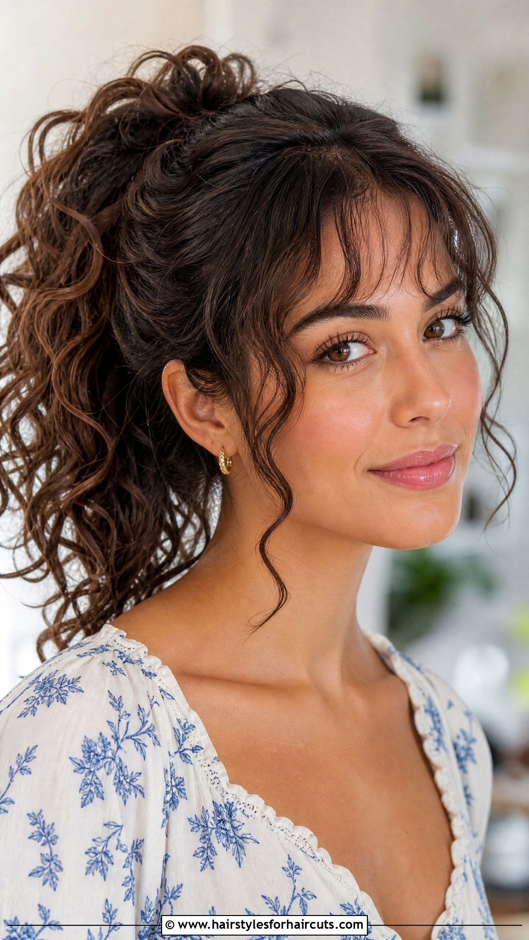 Curly Ponytail With Wispy Bangs - 25 ponytail and bang hairstyles for black hair - 25 ponytail and bang hairstyles for black hair