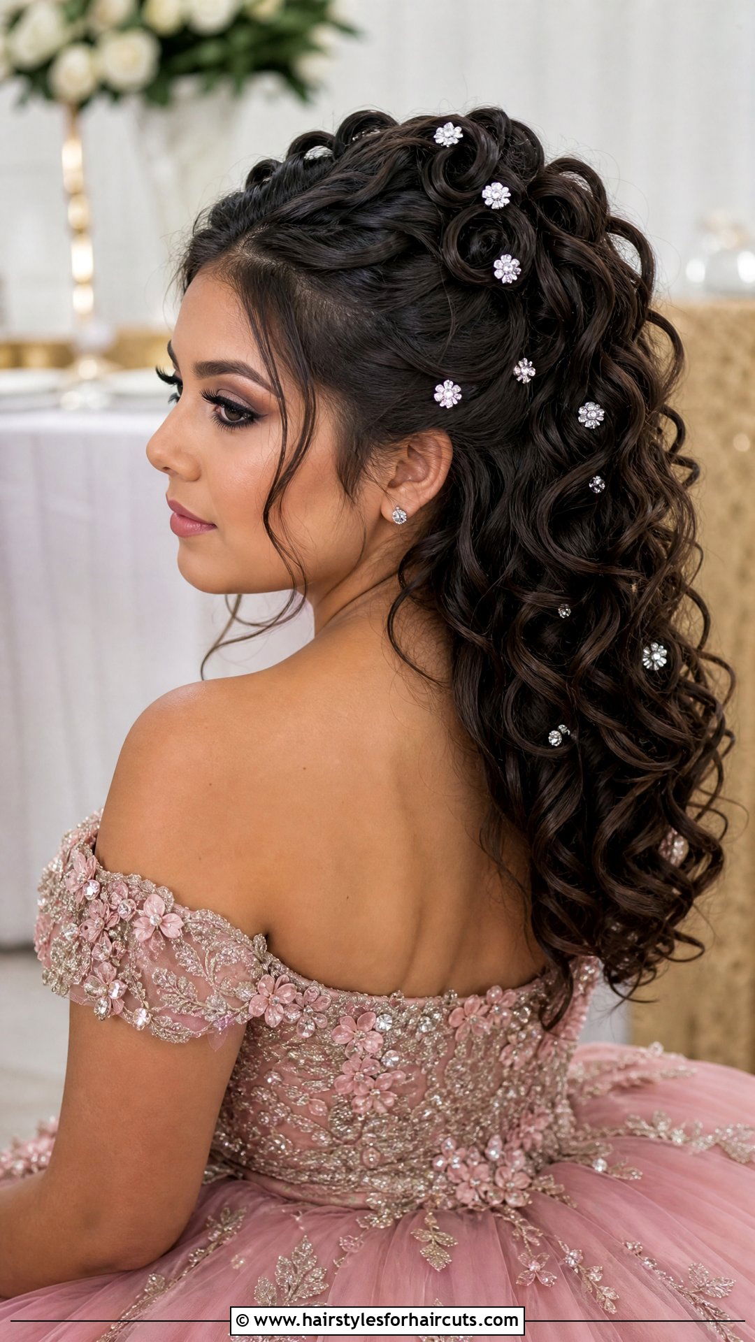 Curly Quinceanera Hairstyle With Sparkly Pins - 25 quinceanera hairstyles for curly hair - 25 quinceanera hairstyles for curly hair