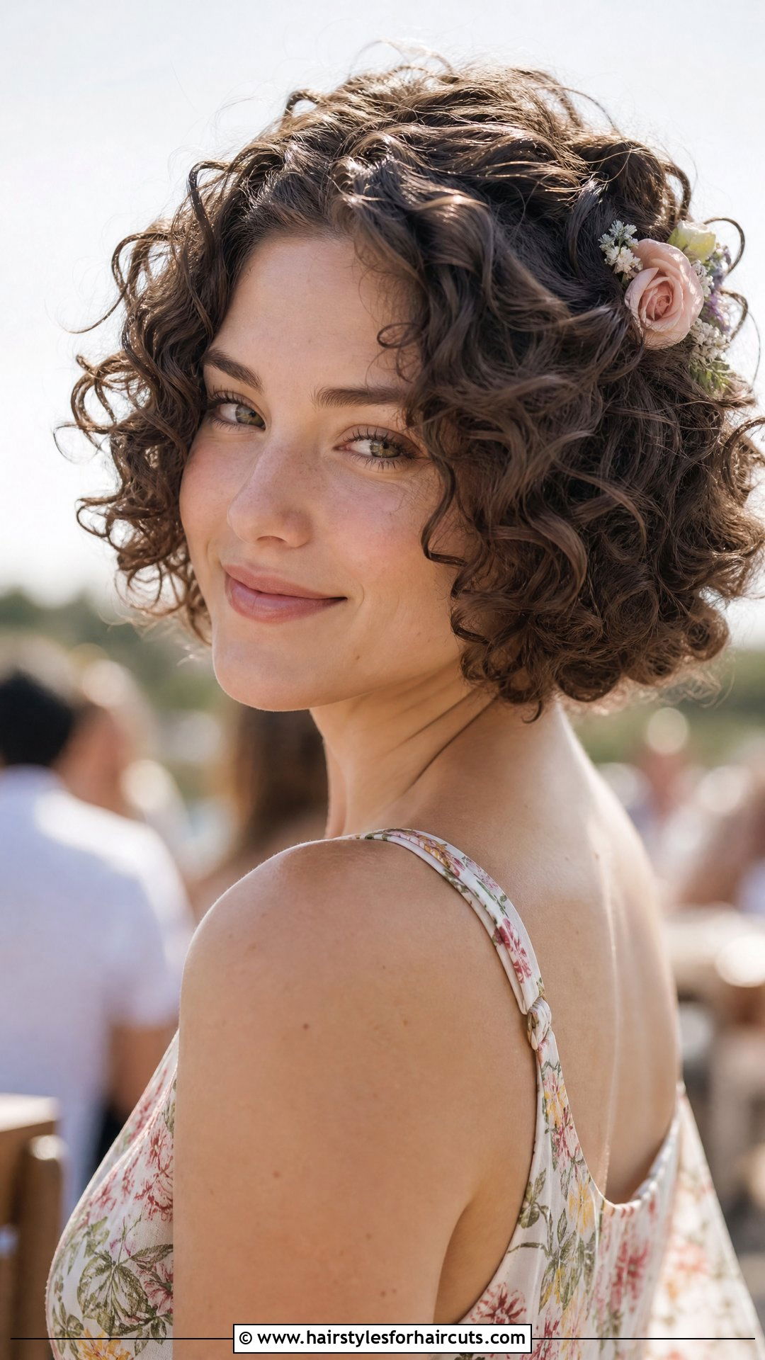 Curly Short Bob With Floral Pin - 25 wedding hairstyles for short bob - 25 wedding hairstyles for short bob