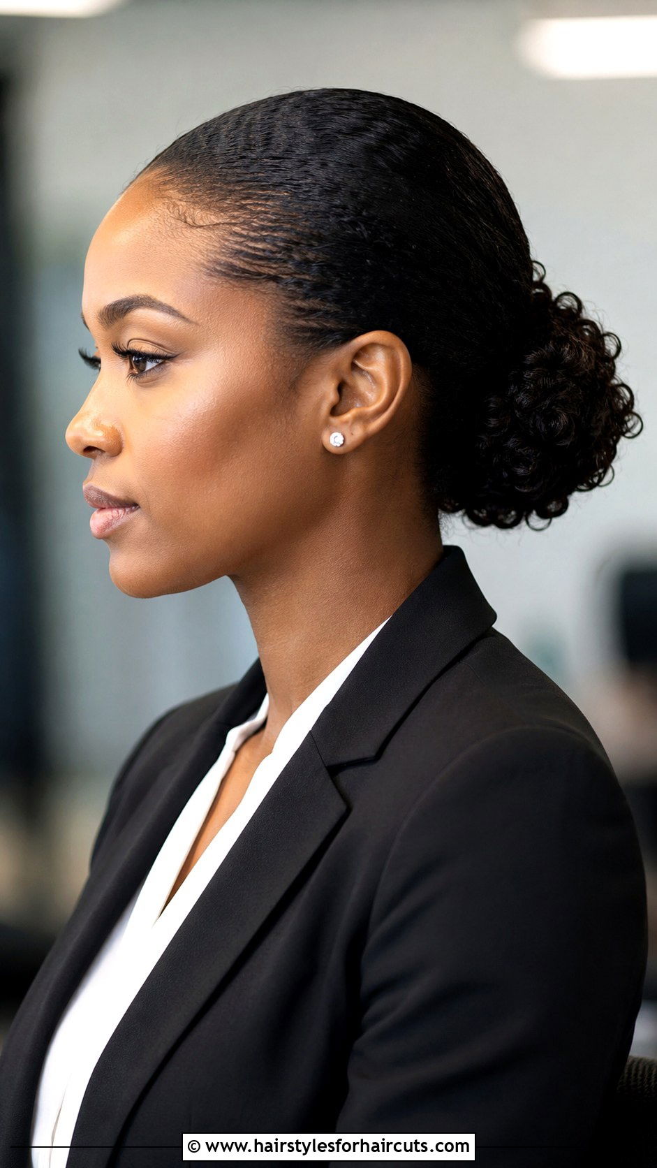 Curly Sleek Low Bun Updo - 25 easy updo hairstyles for curly hair - 25 easy updo hairstyles for curly hair