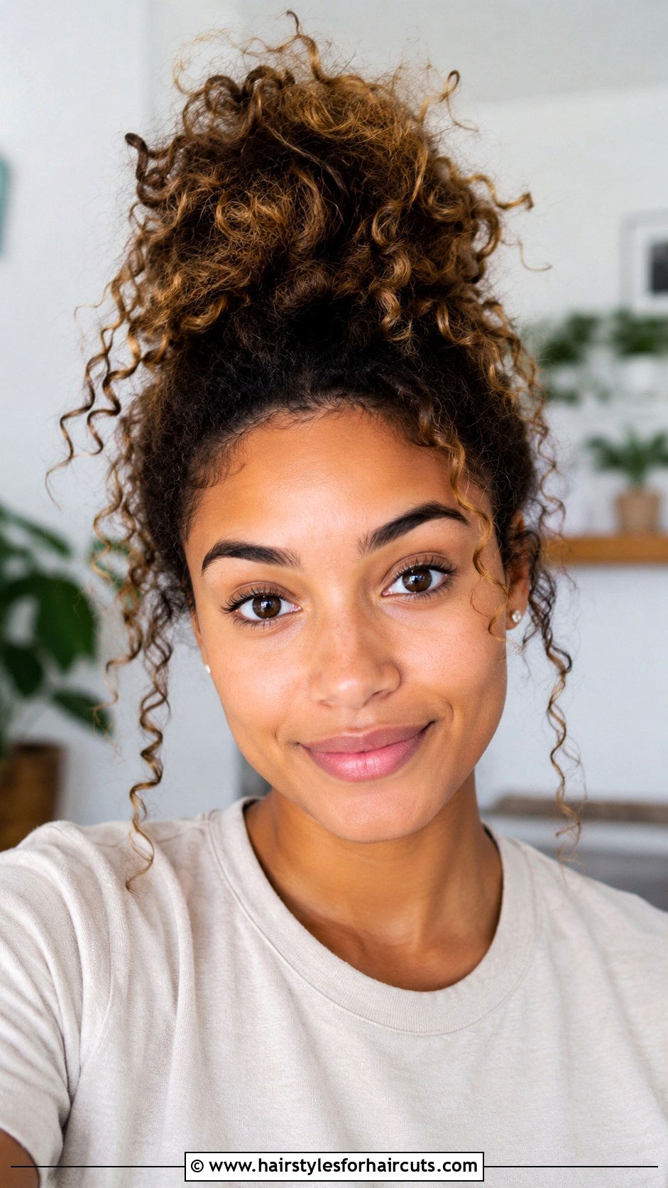 Curly Top Bun - 25 bun hairstyles for short hair - 25 bun hairstyles for short hair