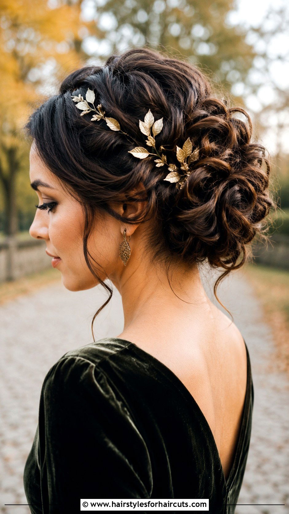 Curly Updo With Leaf Pins - 25 bridesmaid hairstyles for long curly hair - 25 bridesmaid hairstyles for long curly hair