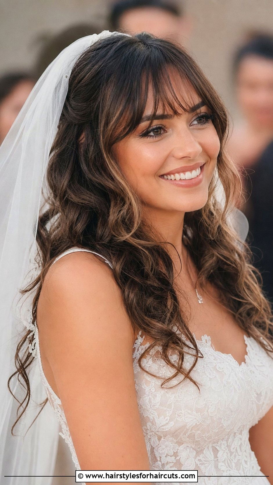 Curtain Bangs With Loose Curls And Veil - 25 hair down wedding hairstyles with veil - 25 hair down wedding hairstyles with veil