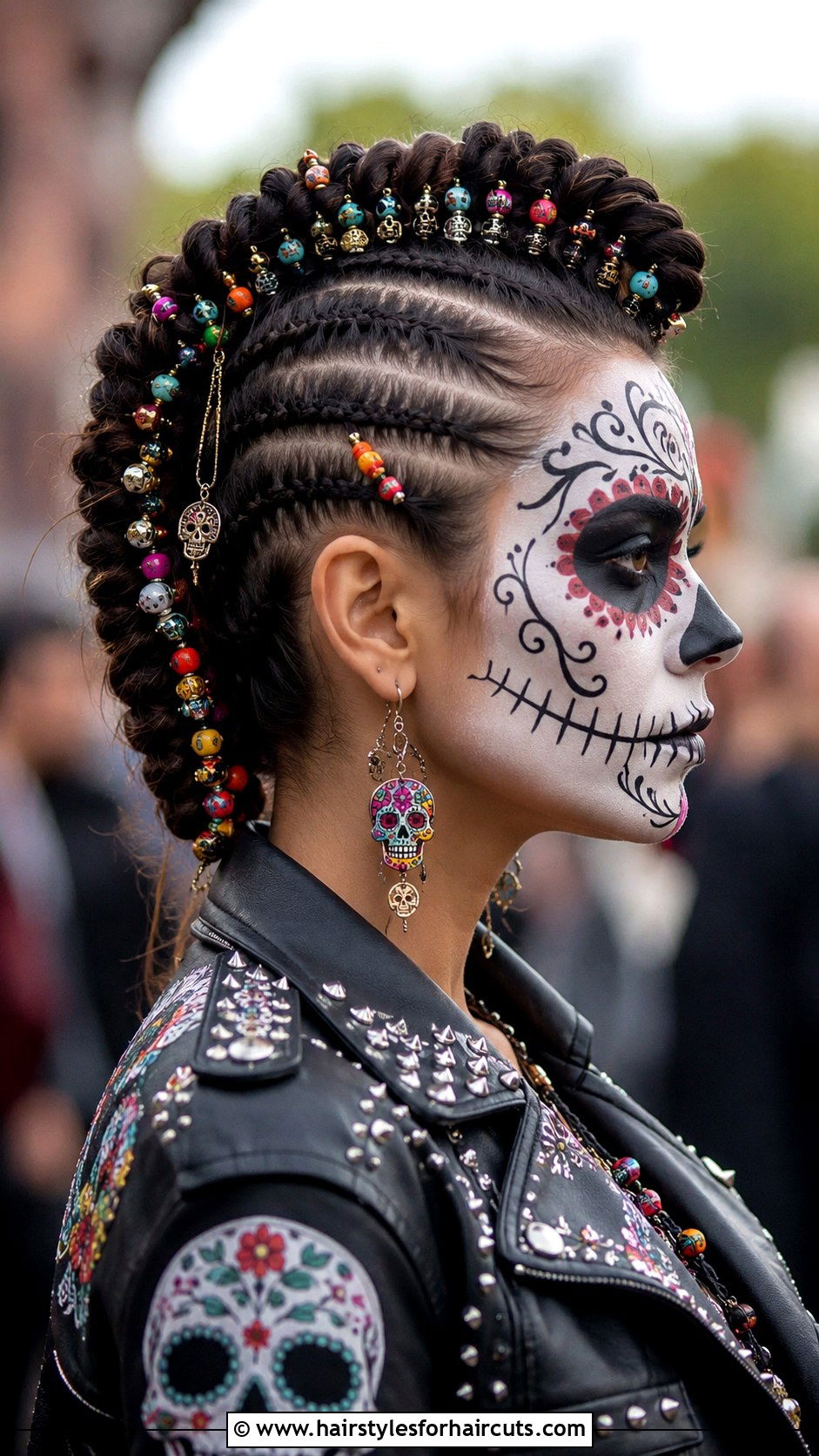 Day Of The Dead Braided Mohawk With Beads - 25 day of the dead hairstyles - 25 day of the dead hairstyles