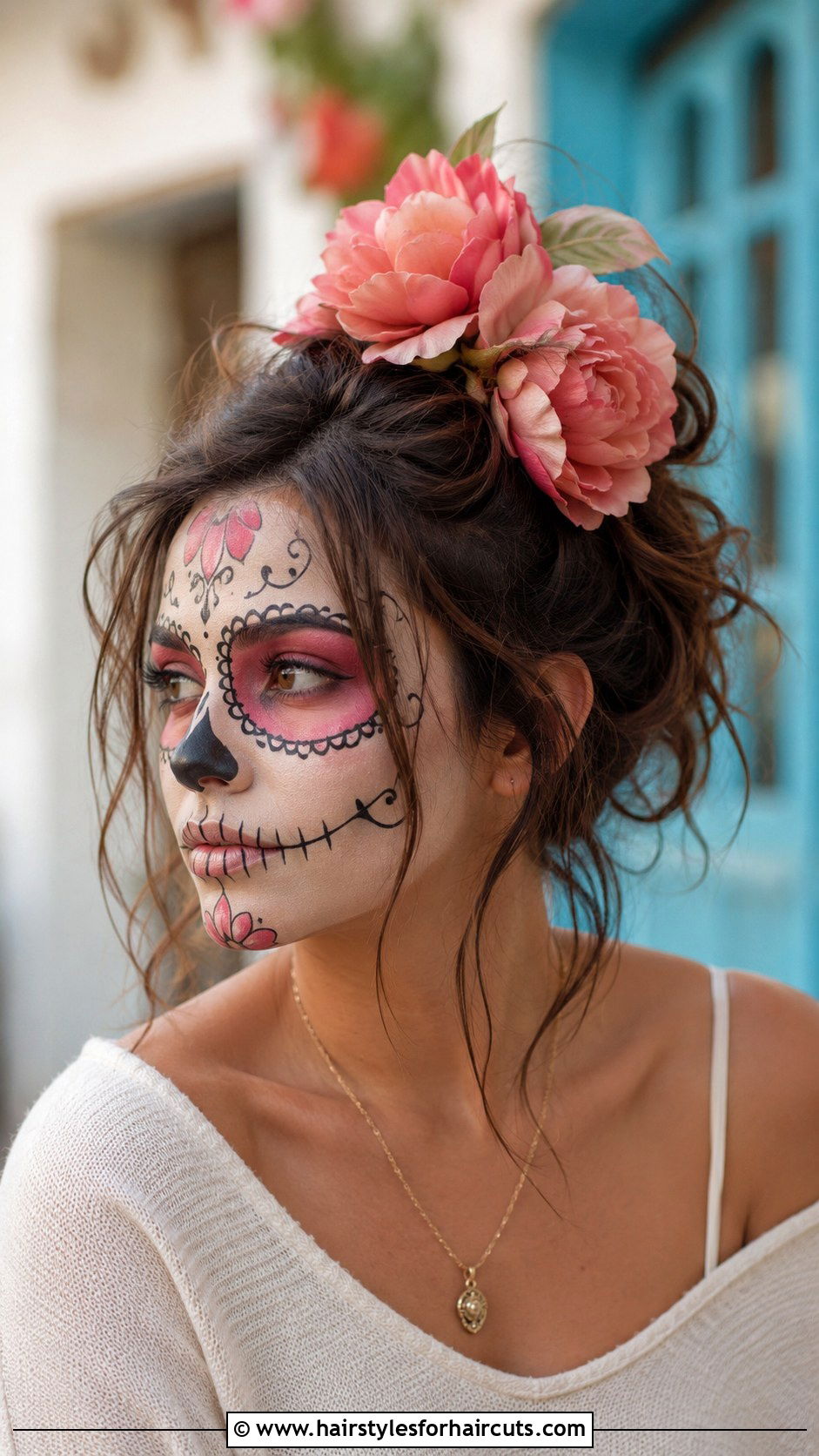 Day Of The Dead Messy Bun With Large Silk Flowers - 25 day of the dead hairstyles - 25 day of the dead hairstyles