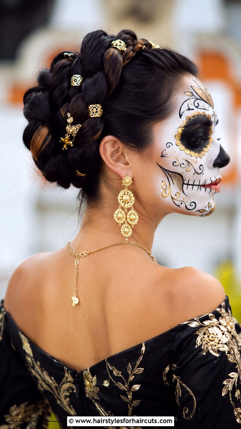 Day Of The Dead Rope Braid Bun With Gold Accessories - 25 day of the dead hairstyles - 25 day of the dead hairstyles