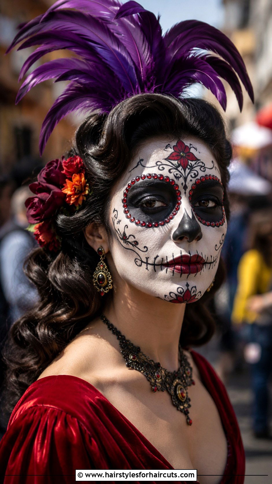 Day Of The Dead Vintage Waves With Feathered Headpiece - 25 day of the dead hairstyles - 25 day of the dead hairstyles