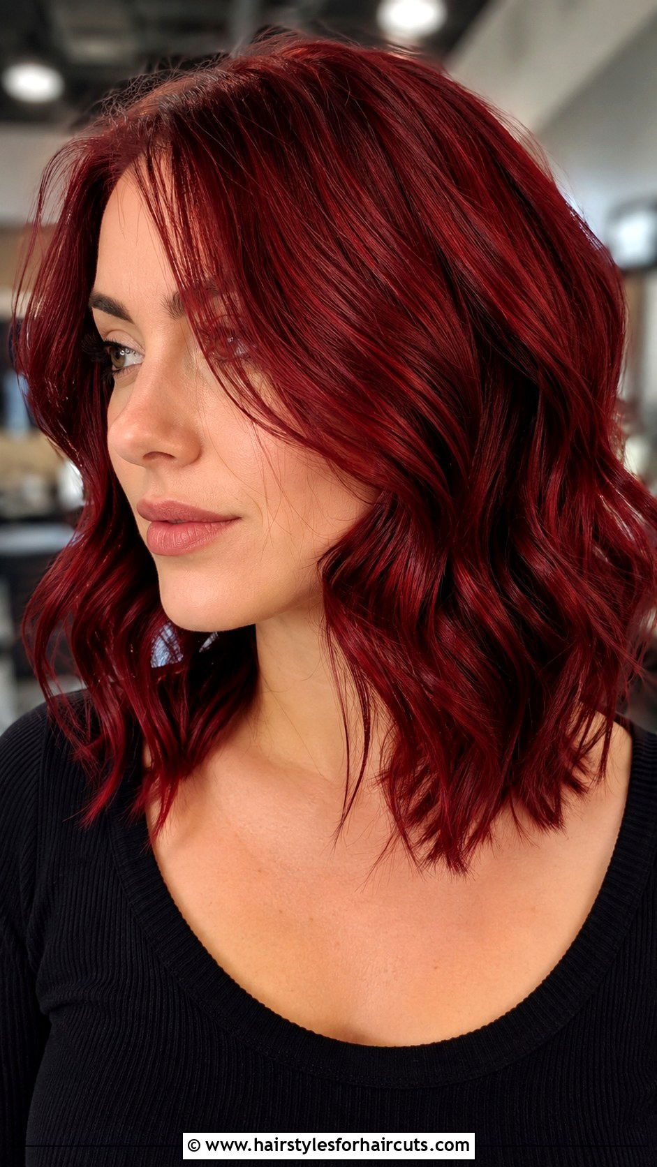 Deep Red Wavy Lob - 25 fall hairstyles and colors - 25 fall hairstyles and colors