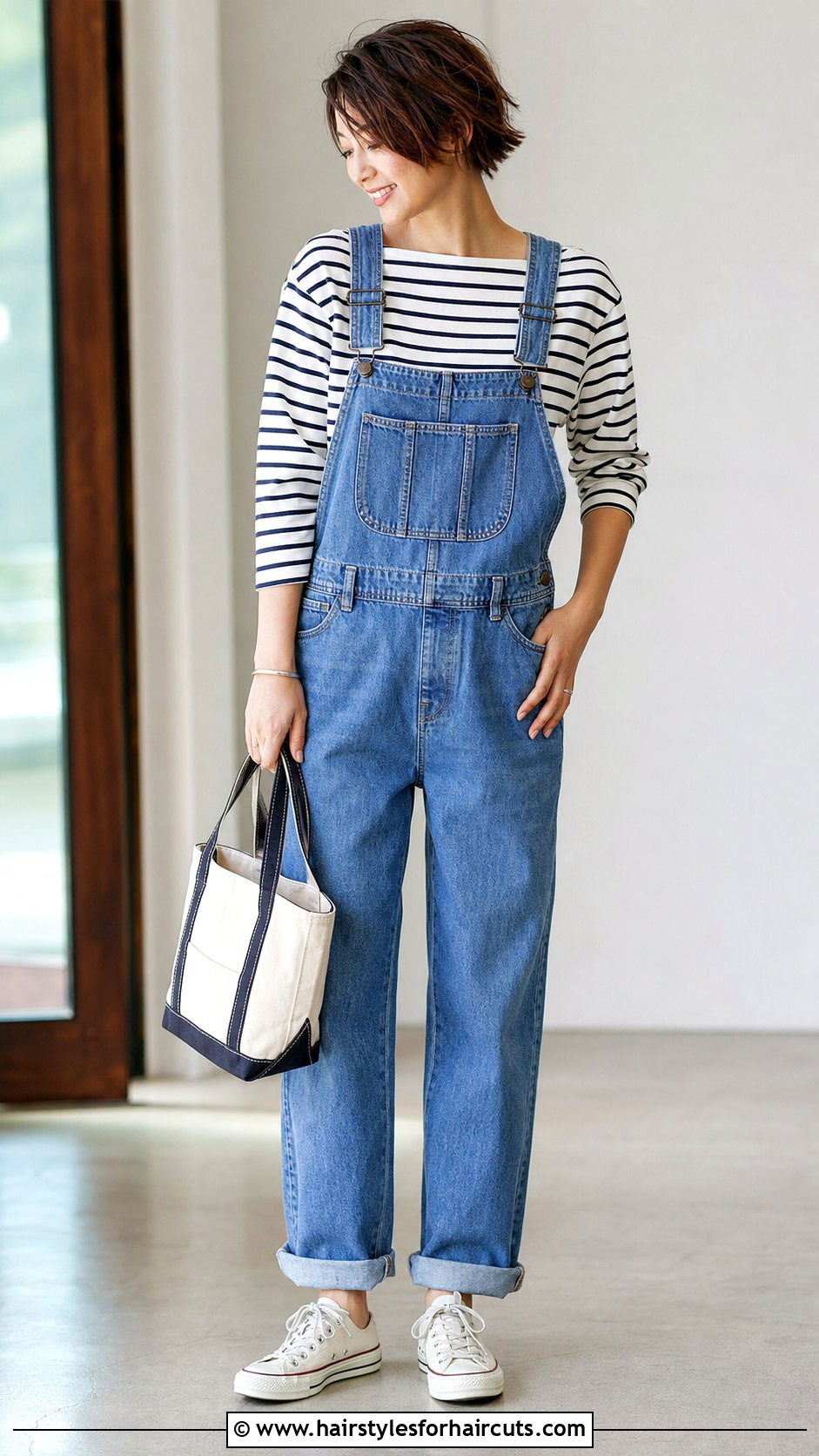 Denim Overalls With Striped Shirt - 25 casual outfits for short hairstyles - 25 casual outfits for short hairstyles
