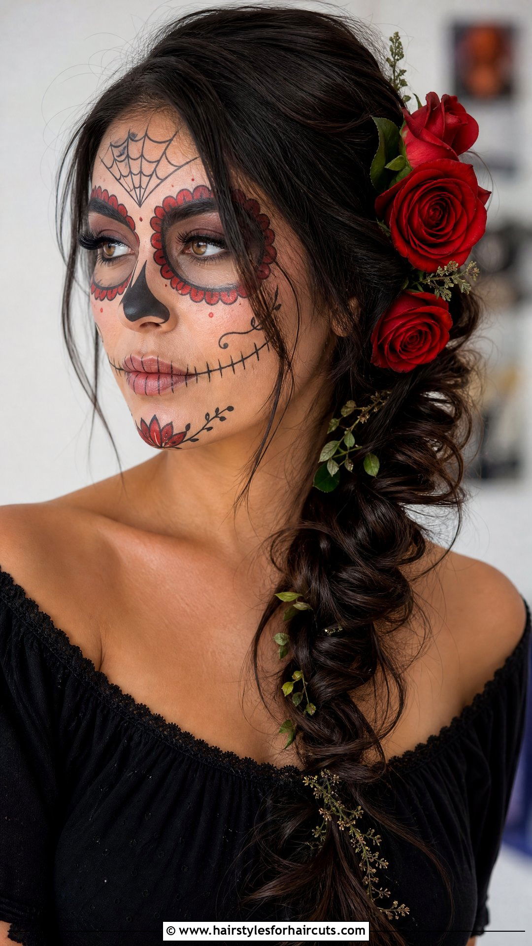 Dia De Los Muertos Side Braid With Roses - 25 day of the dead hairstyles - 25 day of the dead hairstyles