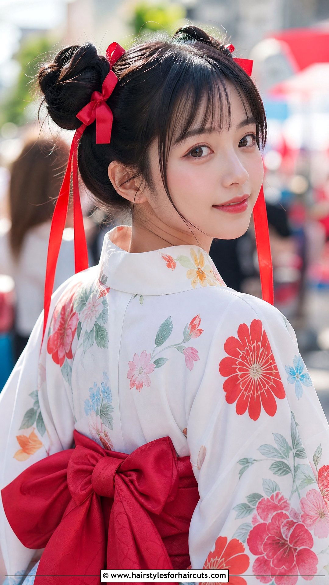 Double Buns With Ribbon Kimono - 25 kimono hairstyles - 25 kimono hairstyles