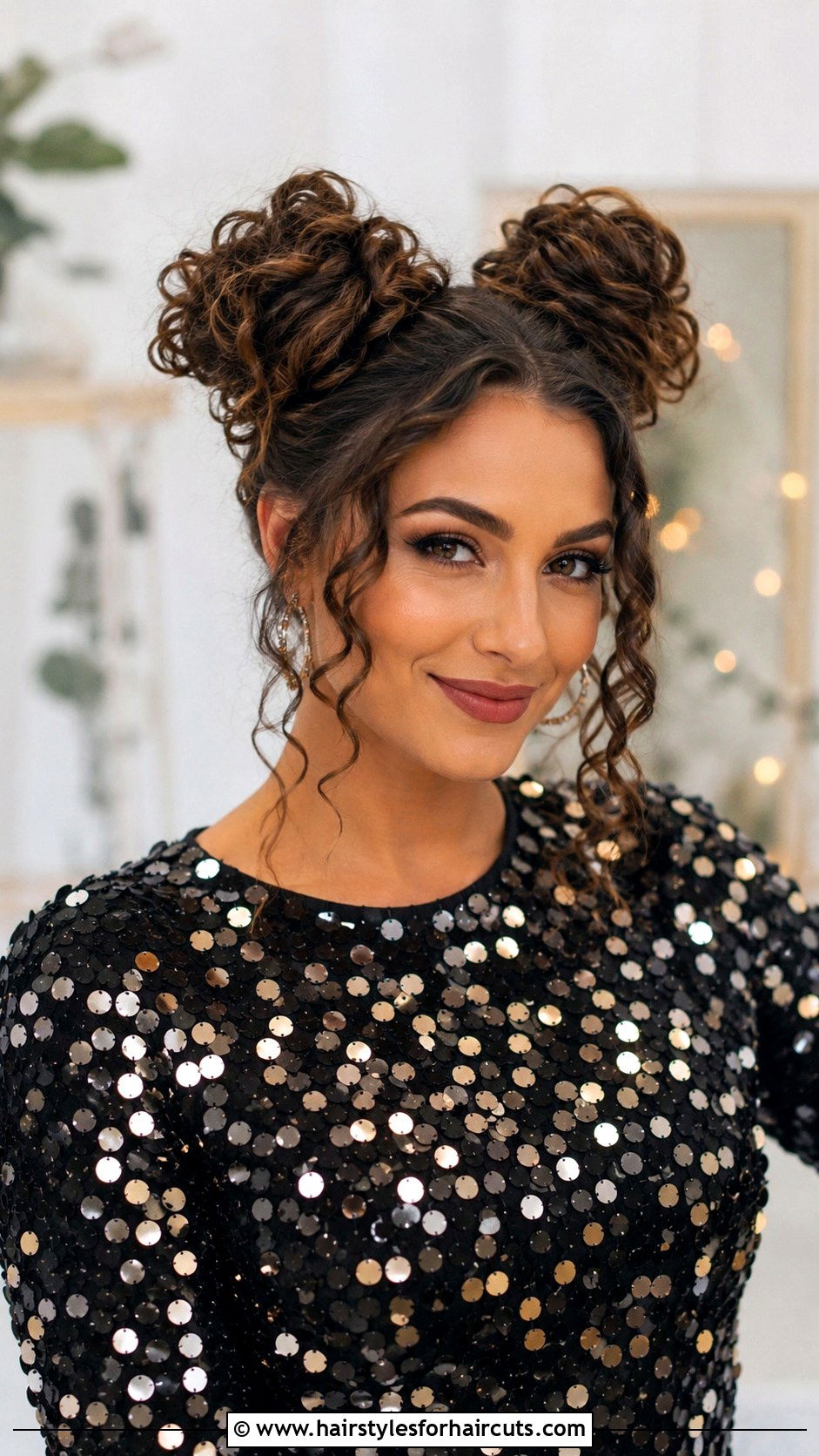 Double Curly Space Buns - 25 christmas hairstyles for curly hair - 25 christmas hairstyles for curly hair