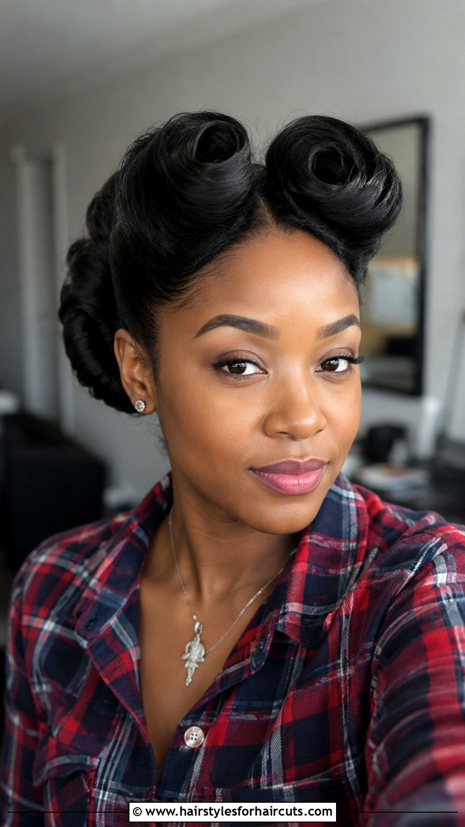 Double Curly Victory Rolls - 25 curly pin up hairstyles for black hair - 25 curly pin up hairstyles for black hair