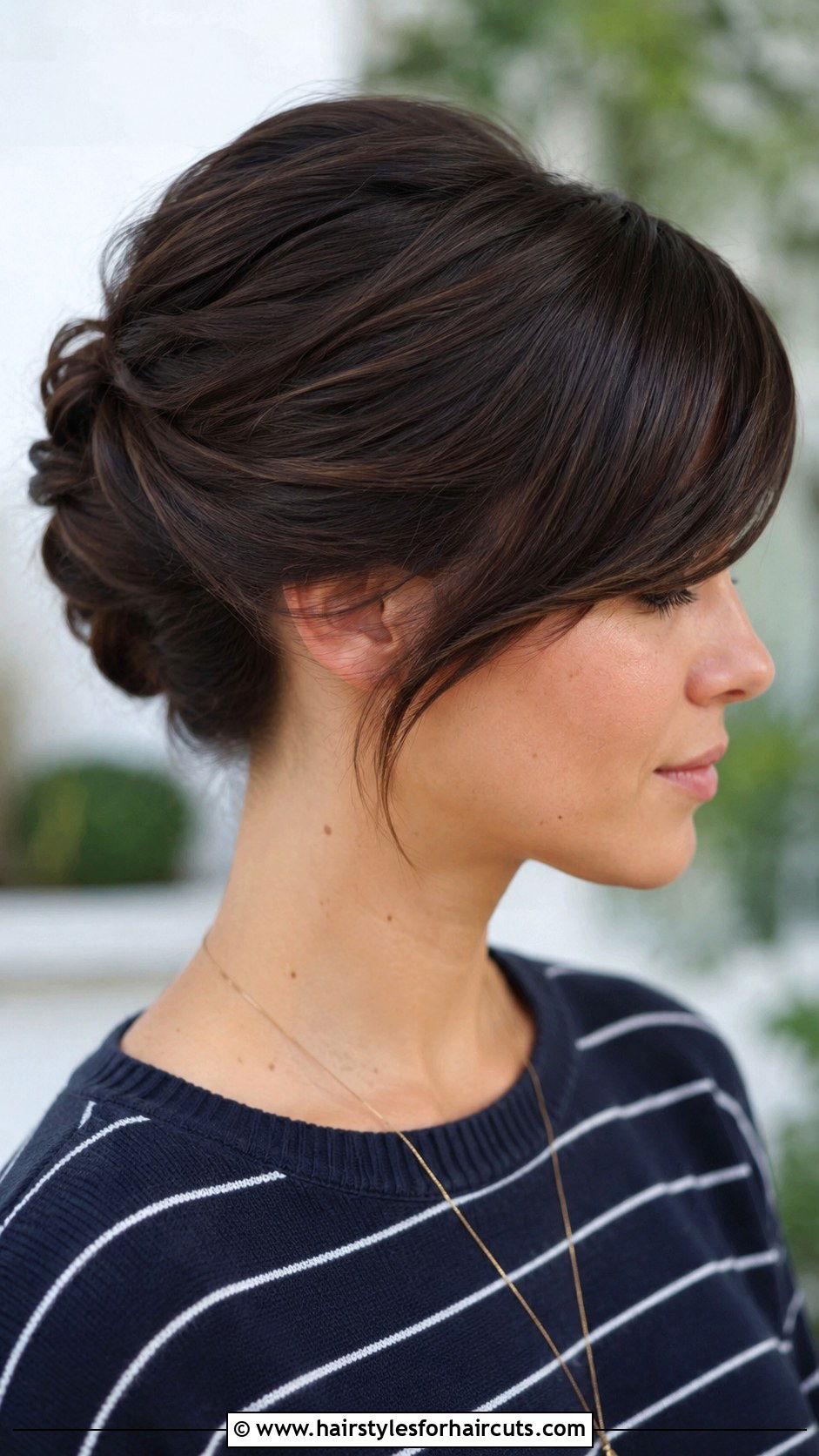 Easy Twisted Bun With Side Swept Bangs - 25 updo hairstyles for short hair with bangs - 25 updo hairstyles for short hair with bangs