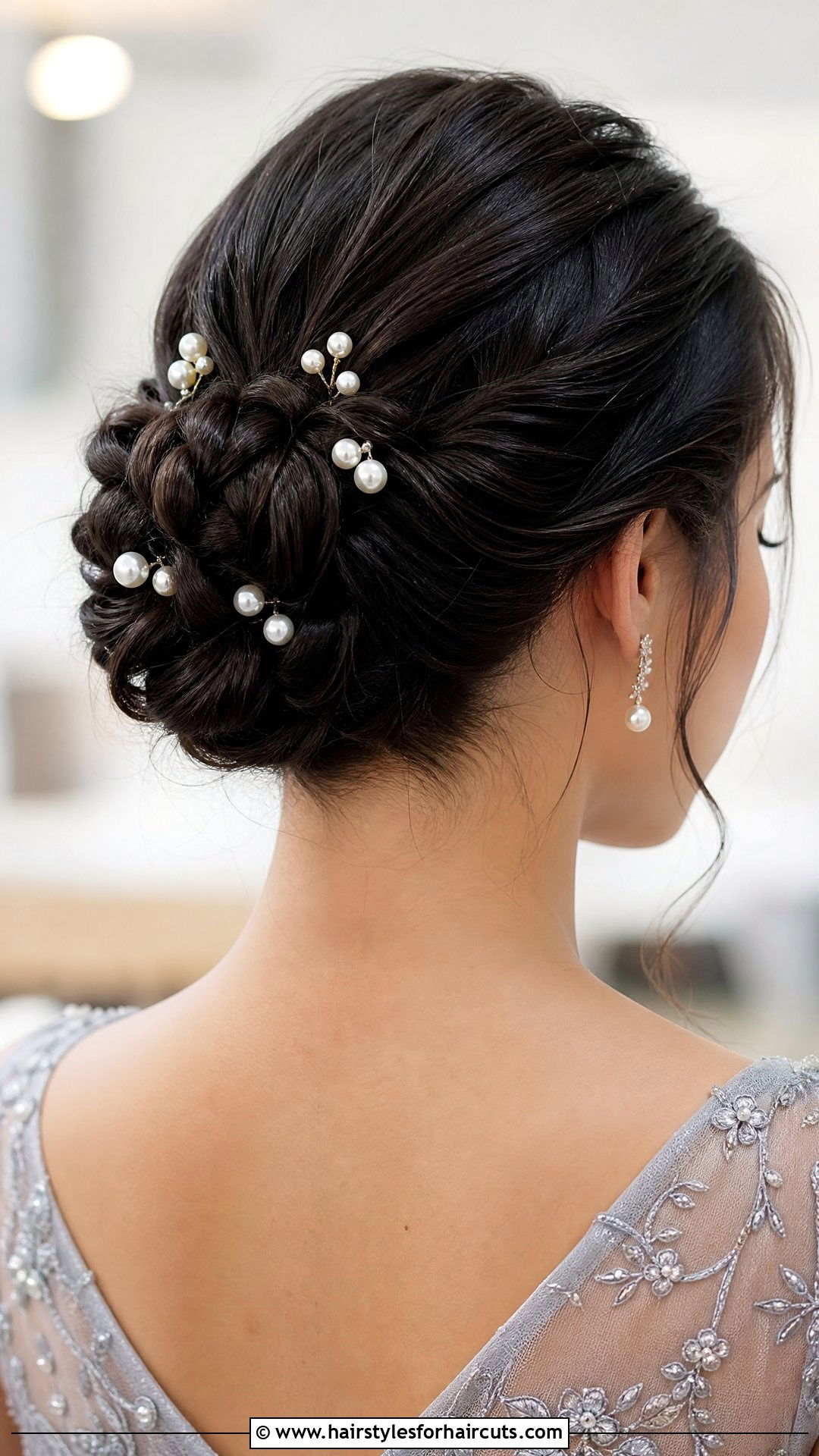 Elegant Braided Bun With Pearl Pins - 25 wedding hairstyles for dark hair - 25 wedding hairstyles for dark hair