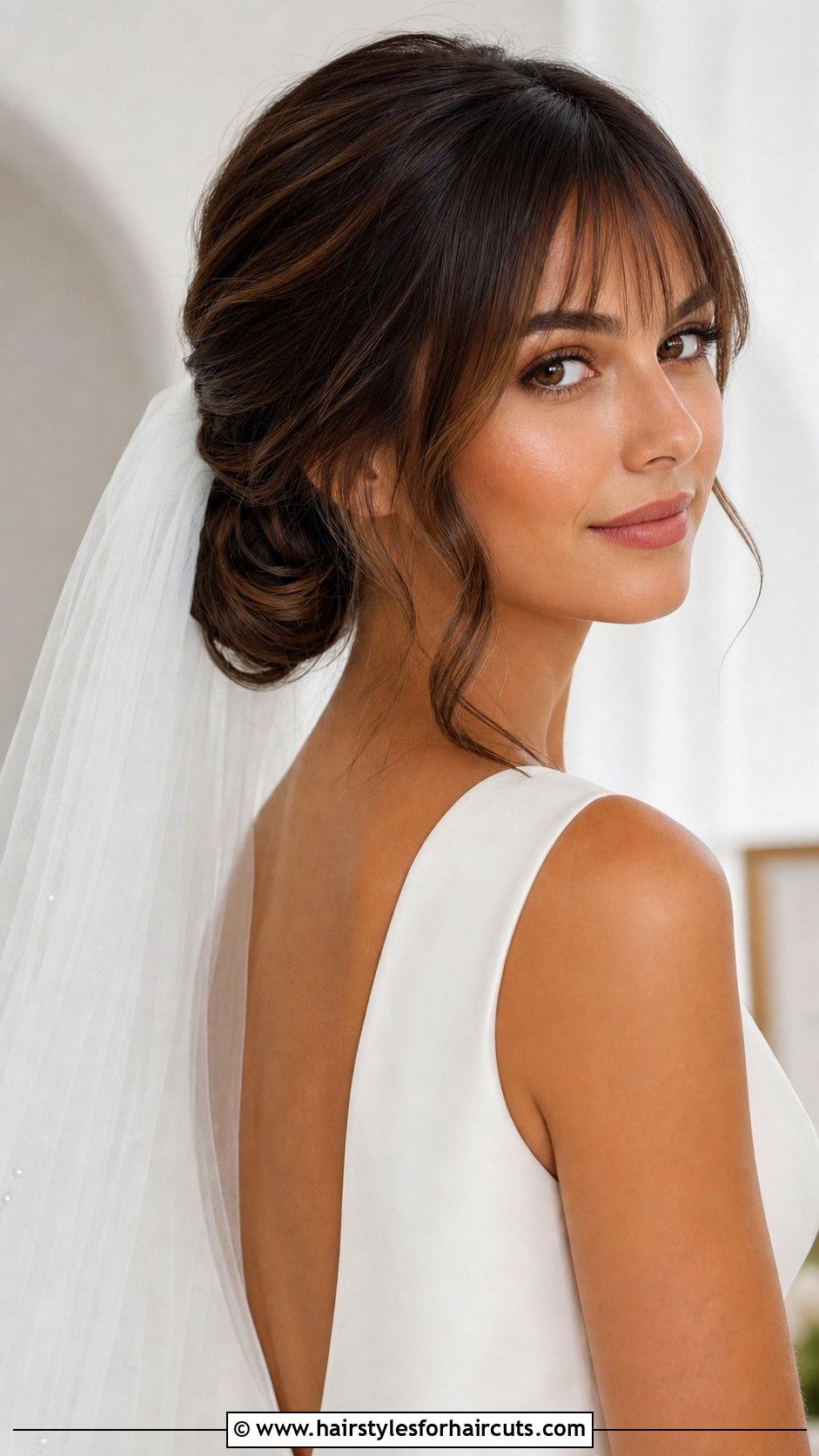 Elegant Low Bun With Wispy Bangs - 25 wedding hairstyles with bangs for long hair - 25 wedding hairstyles with bangs for long hair