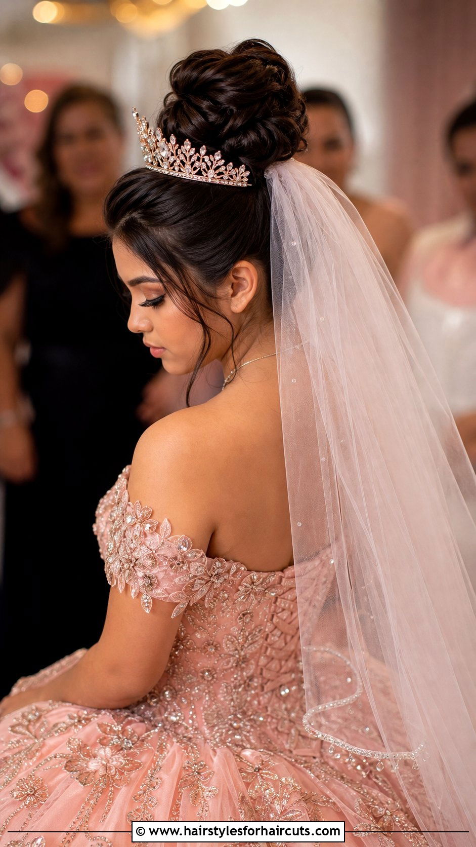 Elegant Top Knot With Veil - 25 long hair mexican quinceanera hairstyles - 25 long hair mexican quinceanera hairstyles