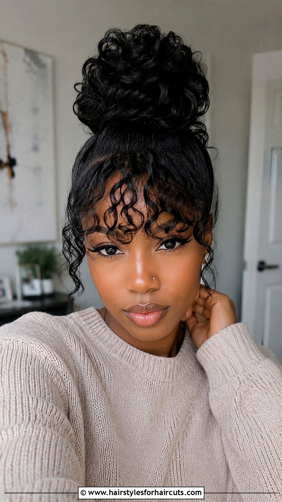 Faux Bun With Bangs - 25 easy hairstyles for black hair - 25 easy hairstyles for black hair