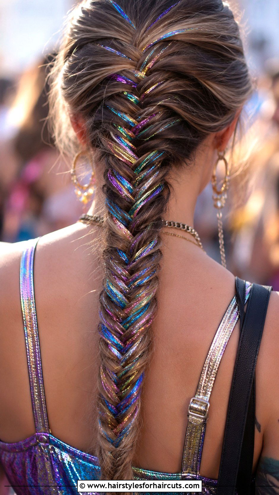 Fishtail Braid Infused With Holographic Rainbow Tinsel - 25 hair tinsel hairstyles - 25 hair tinsel hairstyles