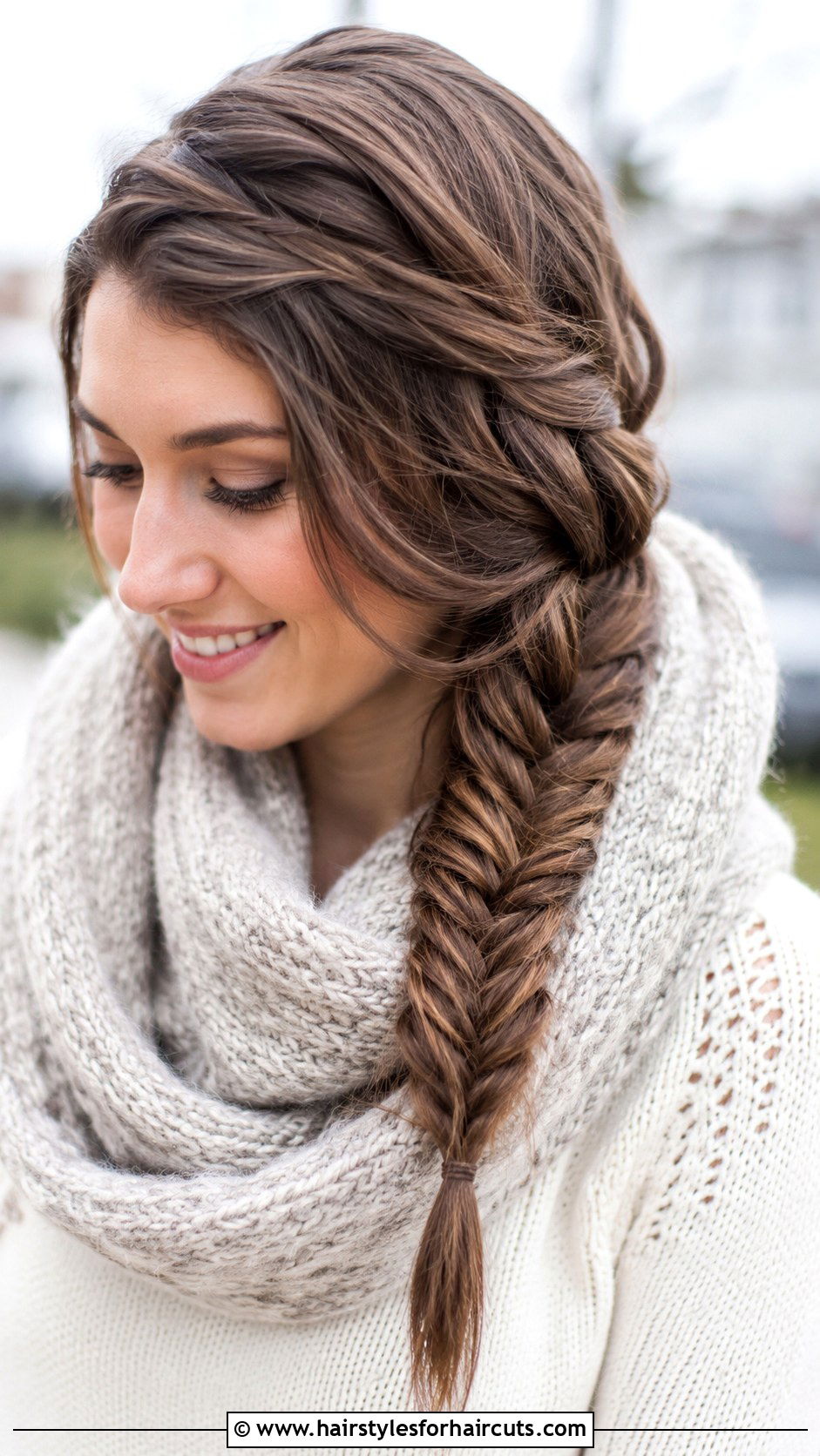 Fishtail Braid Side Sweep - 25 cute hairstyles for winter - 25 cute hairstyles for winter