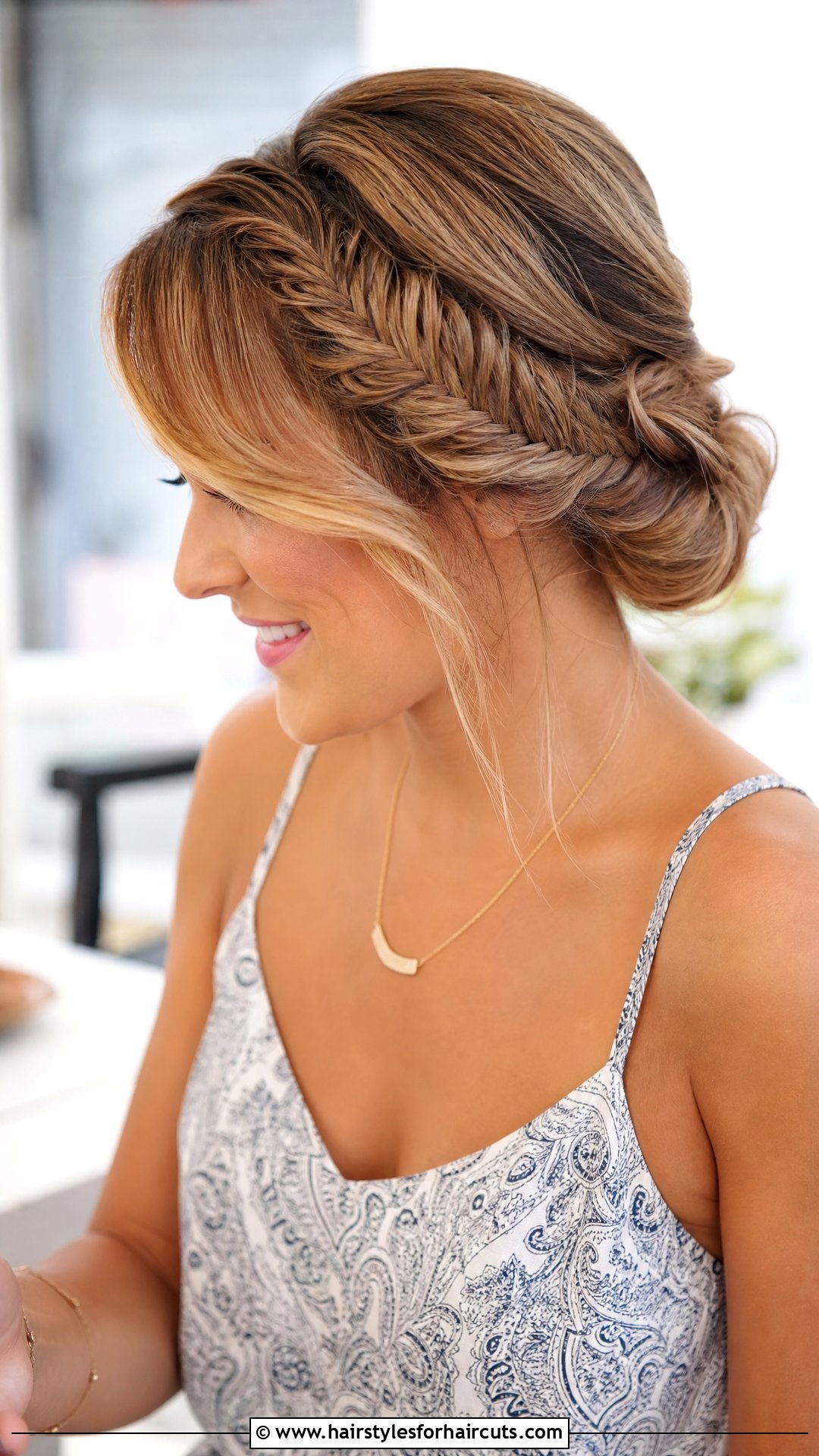 Fishtail Braid Updo With Side Bangs - 25 updo hairstyles for long hair with bangs - 25 updo hairstyles for long hair with bangs