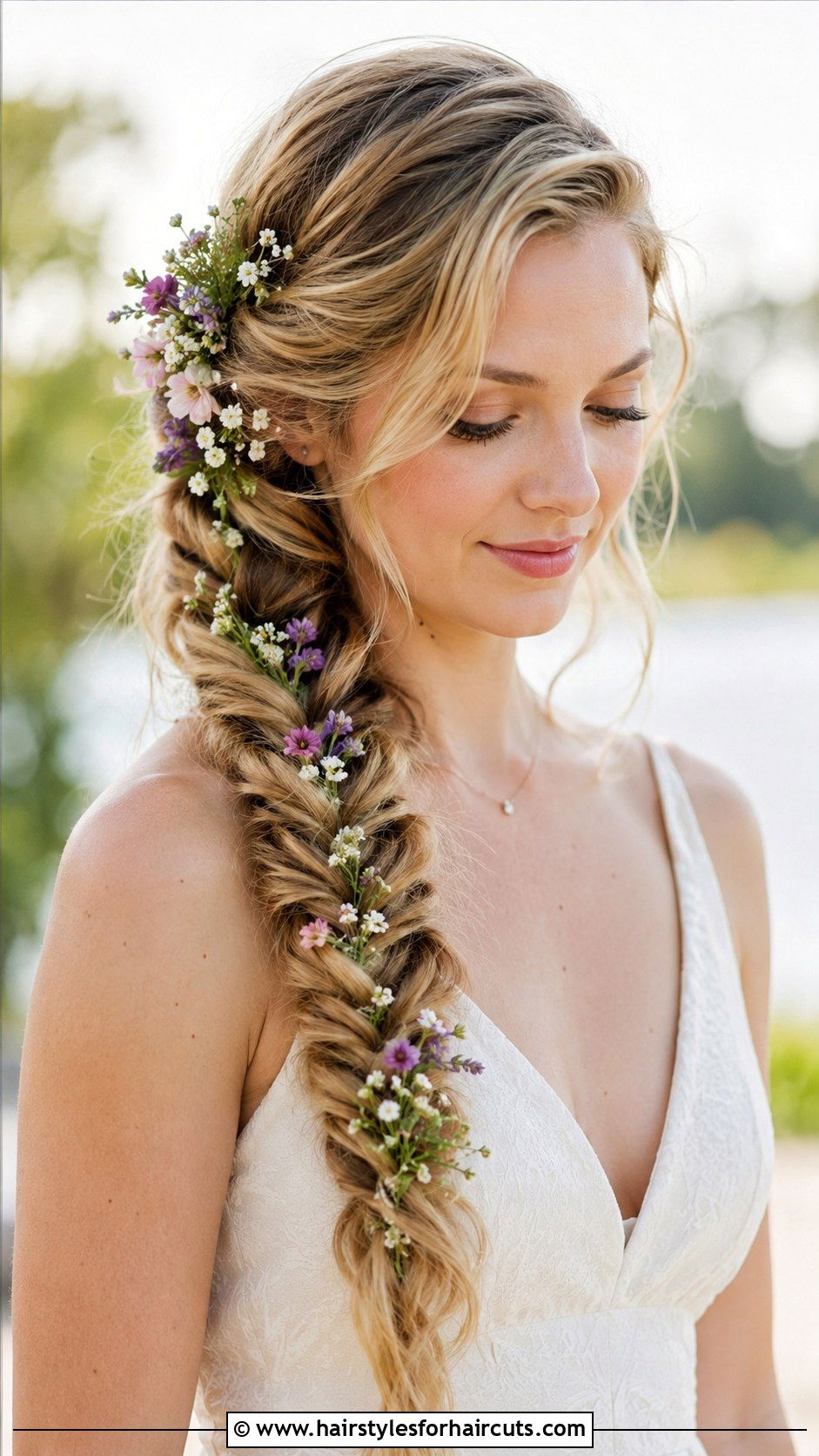 Fishtail Braid With Flowers - 25 country wedding hairstyles for medium hair - 25 country wedding hairstyles for medium hair