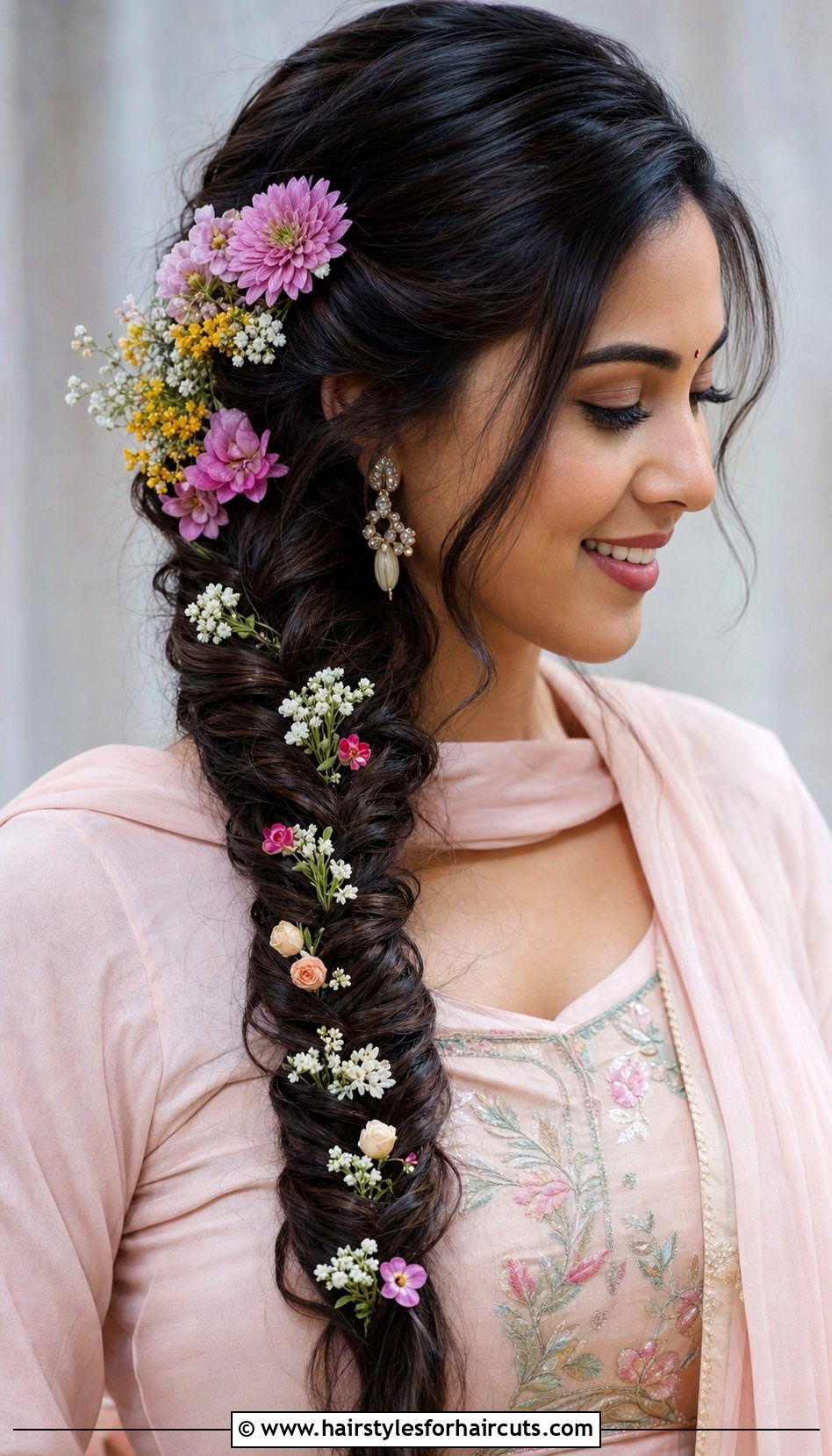 Fishtail Braid With Fresh Flowers - 25 modern indian wedding hairstyles for long hair - 25 modern indian wedding hairstyles for long hair