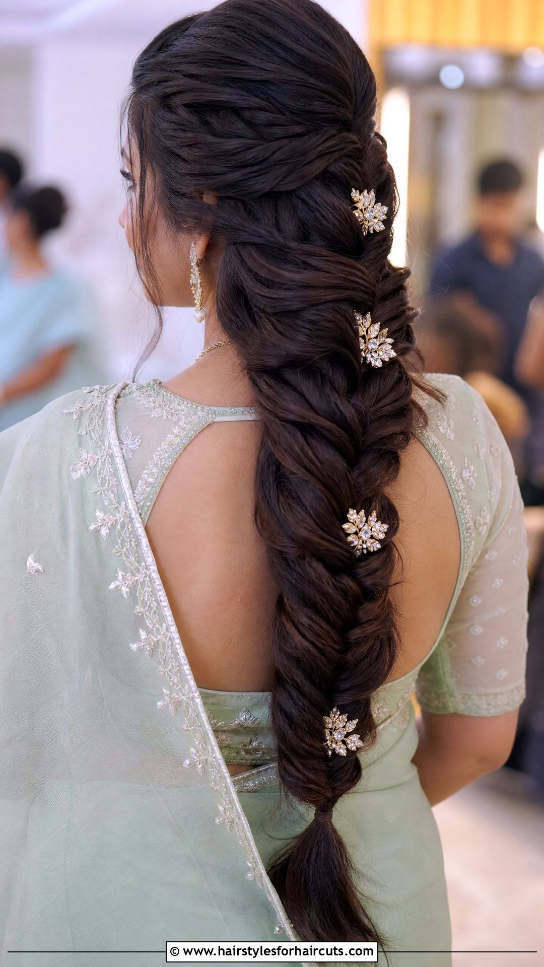 Fishtail Braid With Jeweled Pins - 25 wedding hairstyles for saree - 25 wedding hairstyles for saree