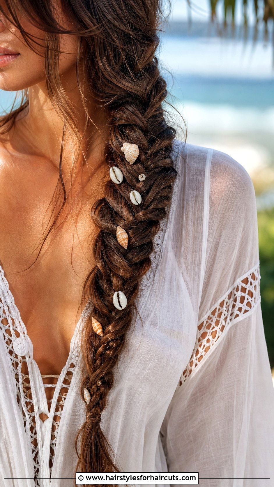 Fishtail Braid With Seashells - 25 luau hairstyles for long hair - 25 luau hairstyles for long hair