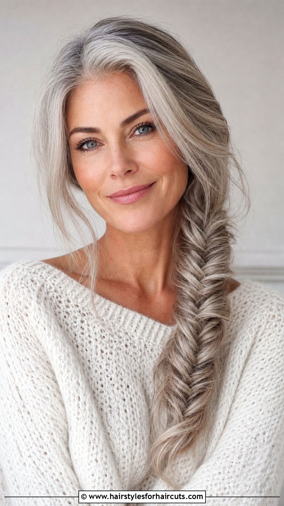 Fishtail Side Braid - 25 braided hairstyles for gray hair over 50 - 25 braided hairstyles for gray hair over 50