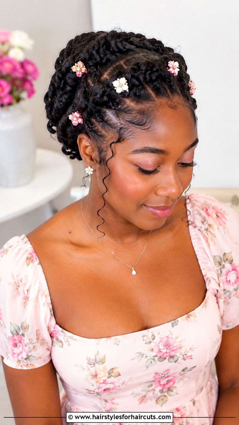 Flat Twist Crown With Floral Barrettes - 25 barrette hairstyles black hair - 25 barrette hairstyles black hair
