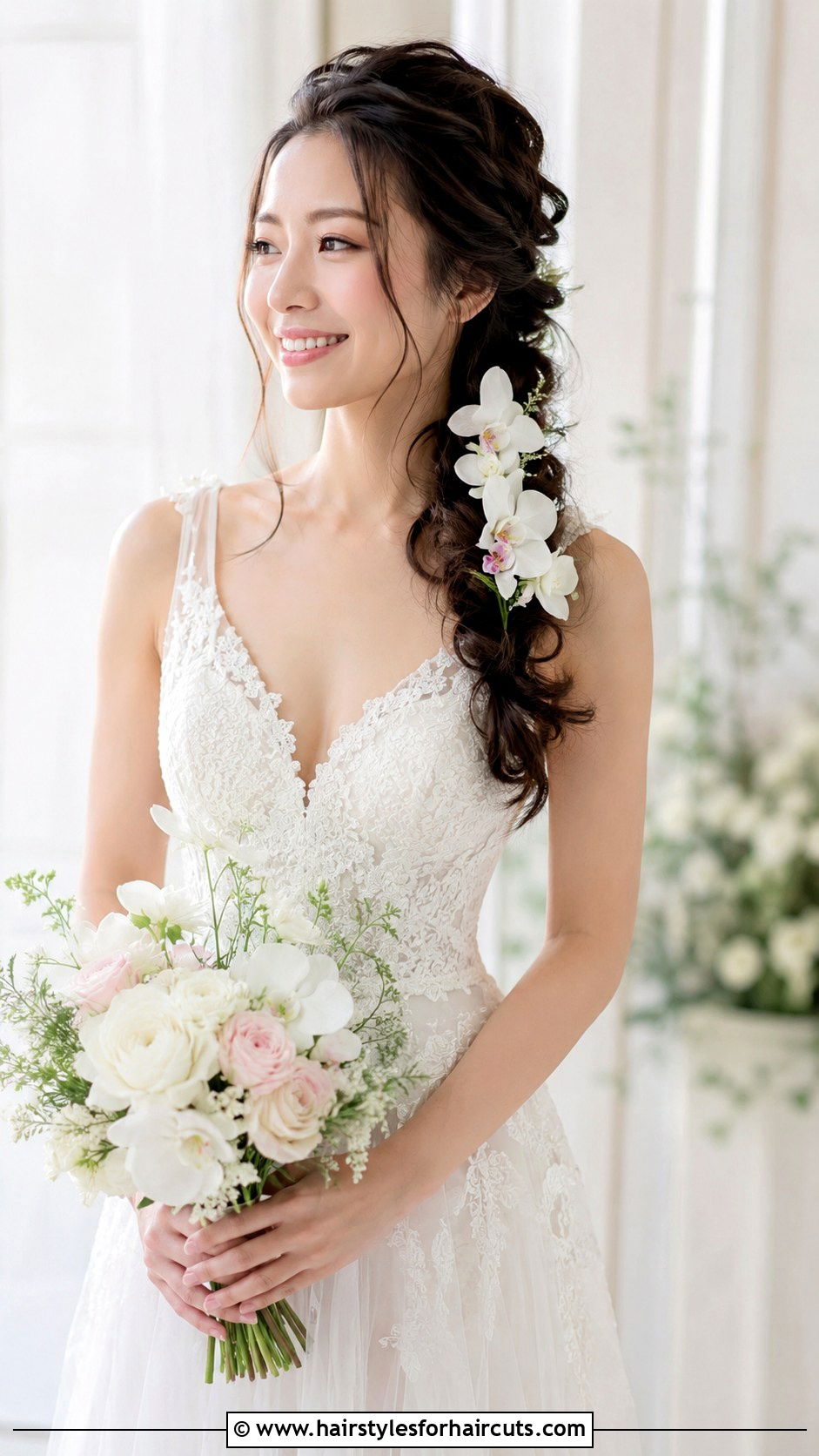Floral Accent Asian Bridal Loose Braid - 25 asian bridal hairstyles - 25 asian bridal hairstyles