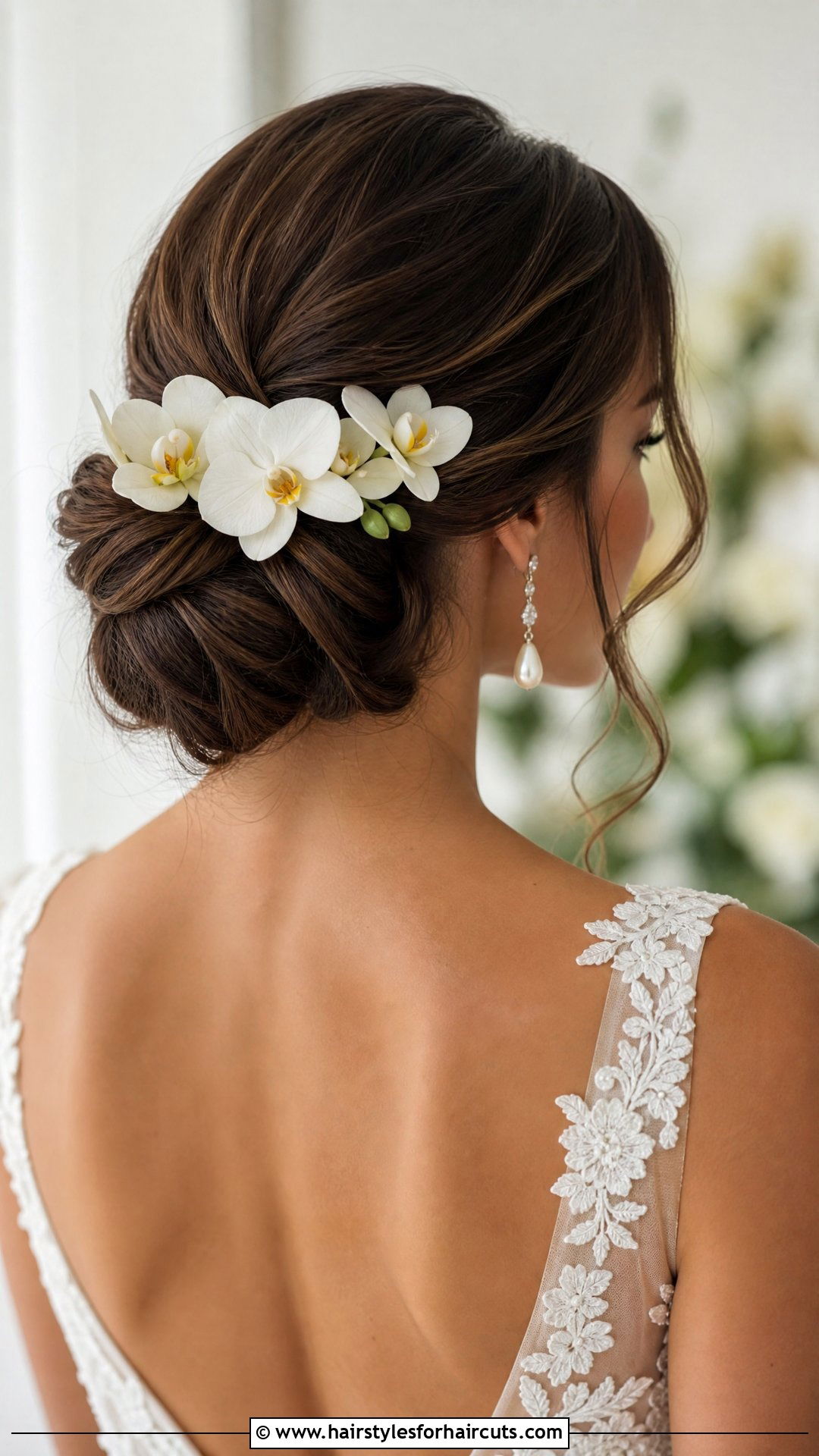 Floral Accent Chignon Updo - 25 wedding hairstyles up do - 25 wedding hairstyles up do
