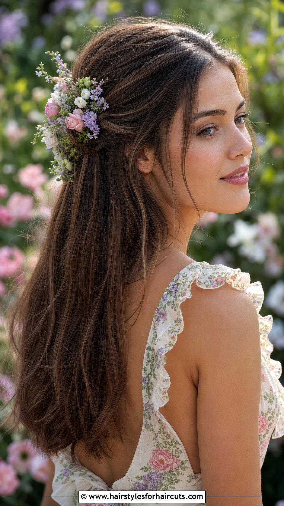 Floral Half Up Half Down Style - 25 wedding hairstyles for shoulder length straight hair - 25 wedding hairstyles for shoulder length straight hair