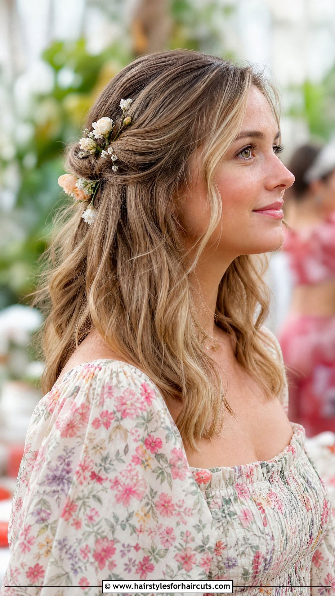 Floral Half Up Medium Hair - 25 summer wedding hairstyles for medium hair - 25 summer wedding hairstyles for medium hair