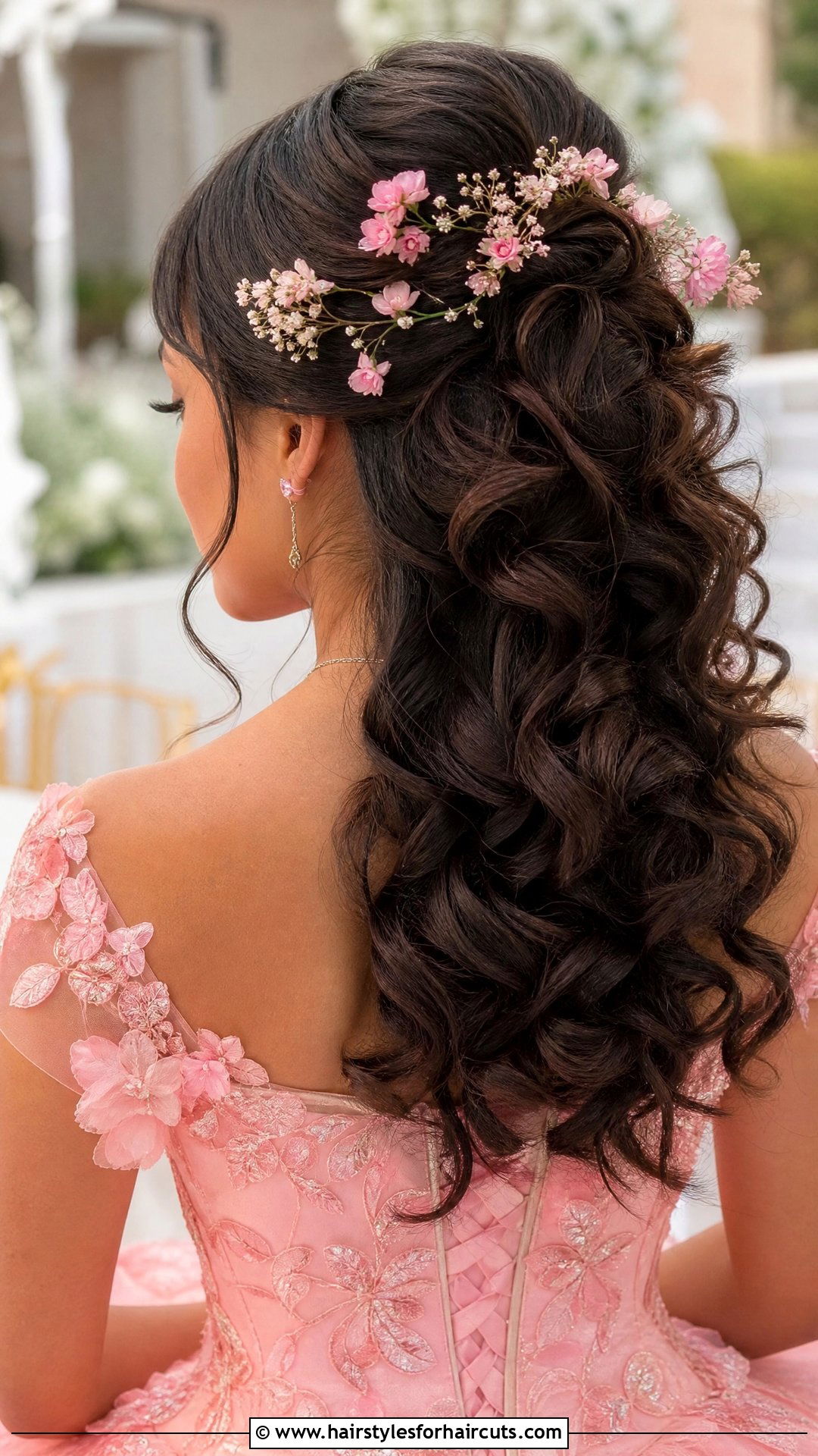 Floral Half Updo For Curly Quinceanera Hair - 25 quinceanera hairstyles for curly hair - 25 quinceanera hairstyles for curly hair
