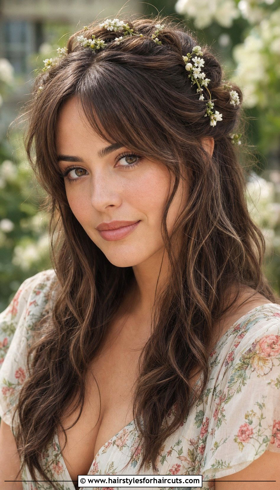 Floral Half Updo With Long Bangs - 25 wedding hairstyles with bangs for long hair - 25 wedding hairstyles with bangs for long hair